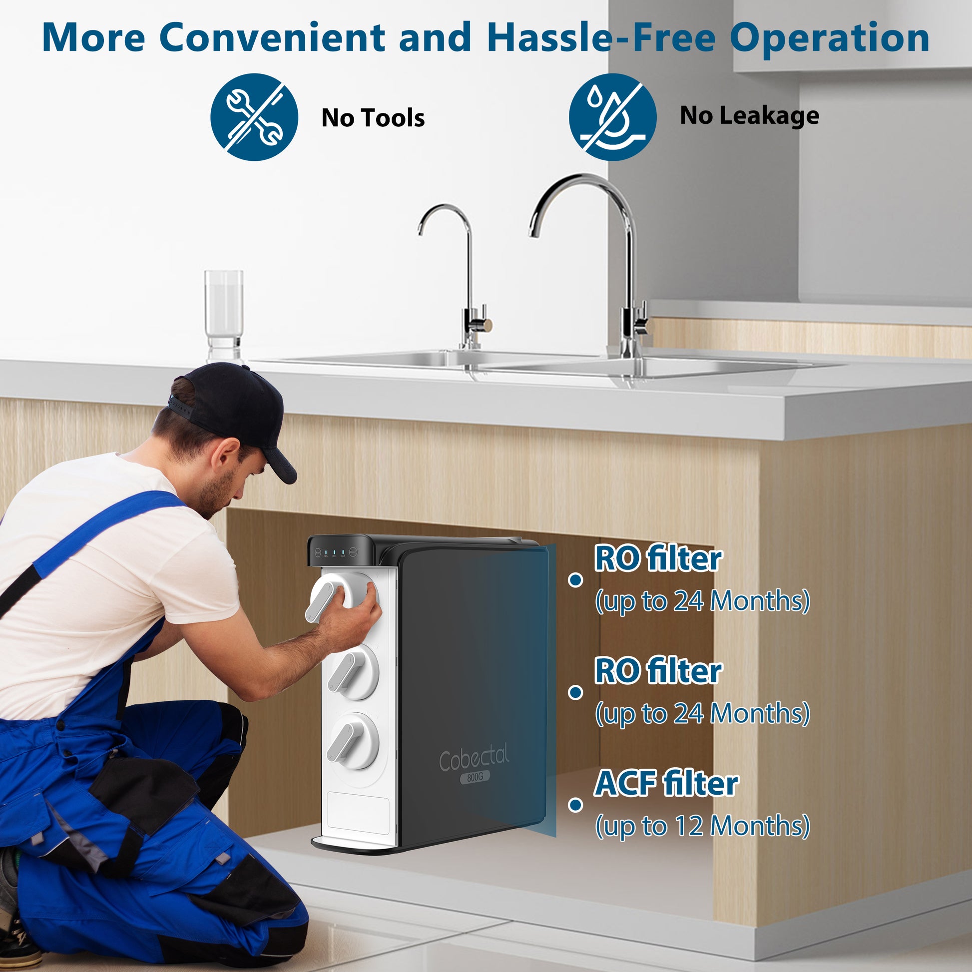 Water purifier with RO (up to 24 months) & ACF (up to 12 months) filters: Enables more convenient, hassle - free operation—no tools needed, no leakage.