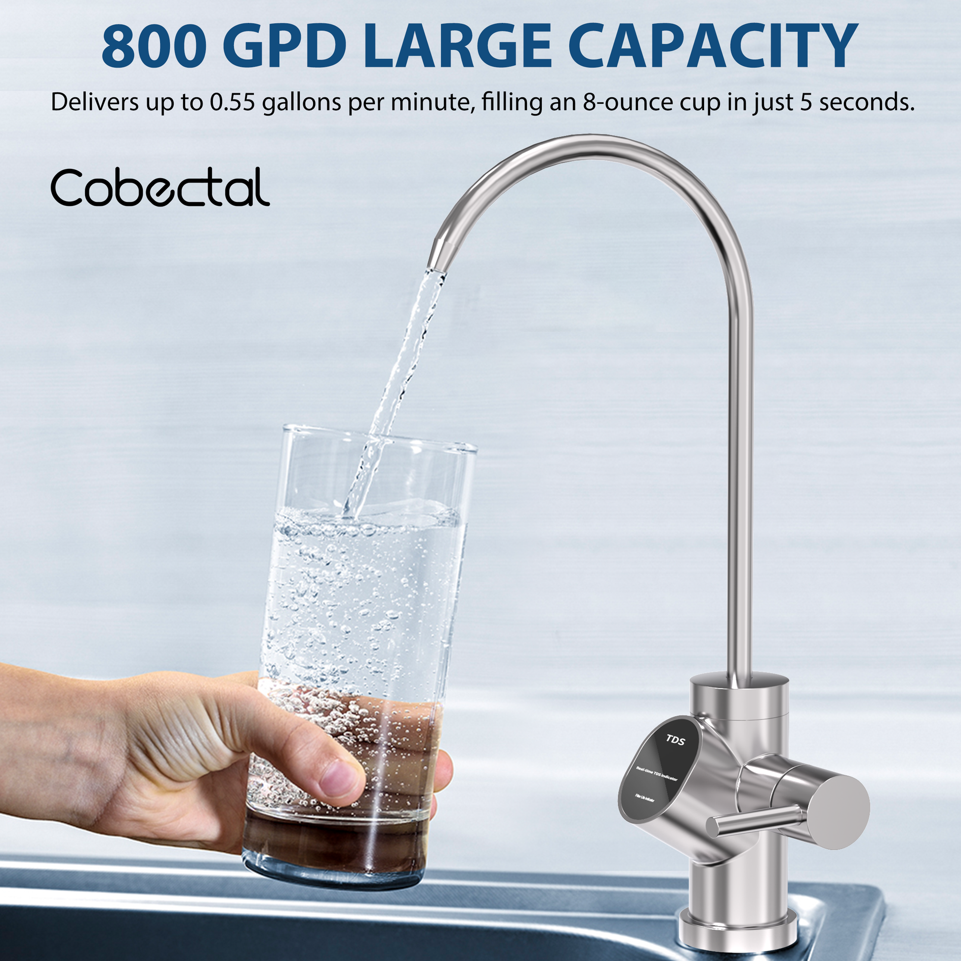 Cobectal Reverse Osmosis Water Filter, 800 GPD capacity, fills 8 - oz cup in 5s. Fast, ample pure water.