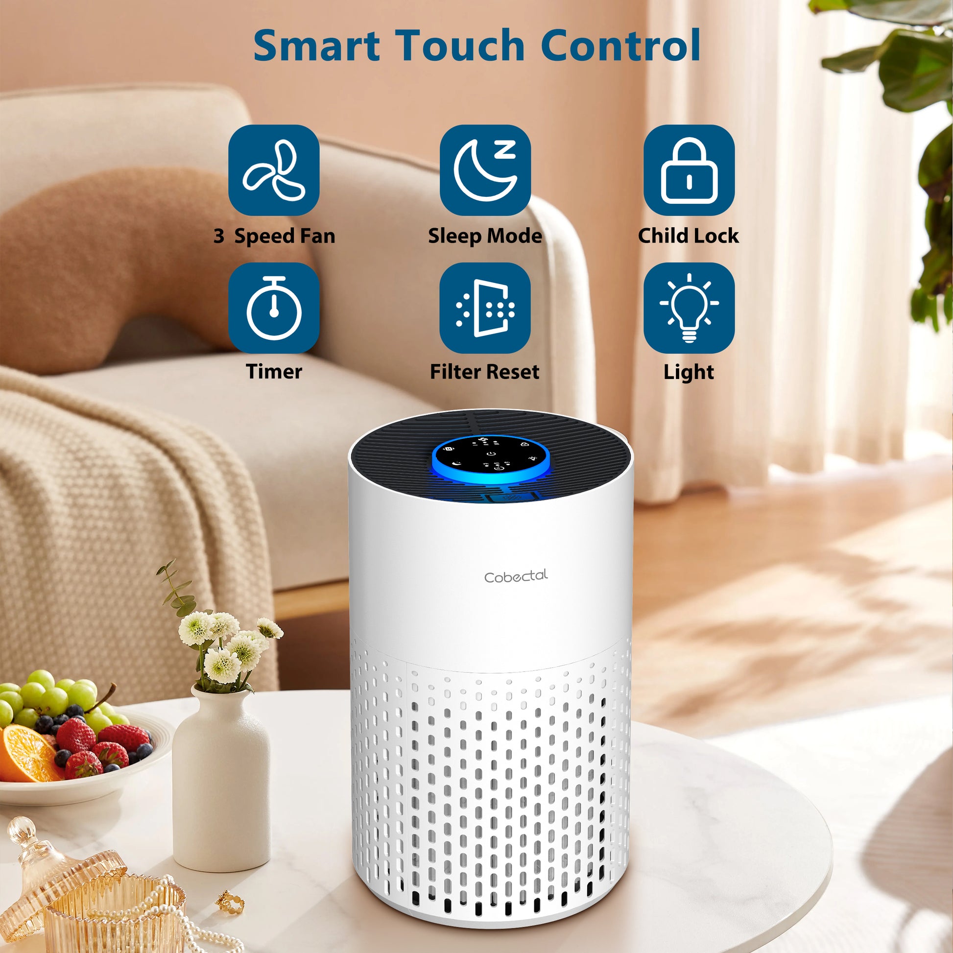 Cobectal ZQA-4000B Air Purifier: Smart touch control with 3-speed fan, sleep mode, child lock, timer, filter reset, and light. User-friendly design for customized, convenient air purification in any home setting.