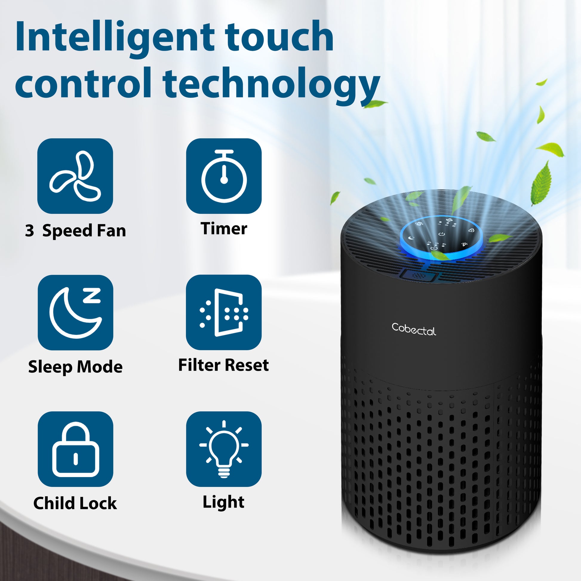 Cobectal ZQA-4000B H14 Air Purifier with intelligent touch control: Features 3 - speed fan, timer, sleep mode, filter reset, child lock & light. Easy to operate for clean air.