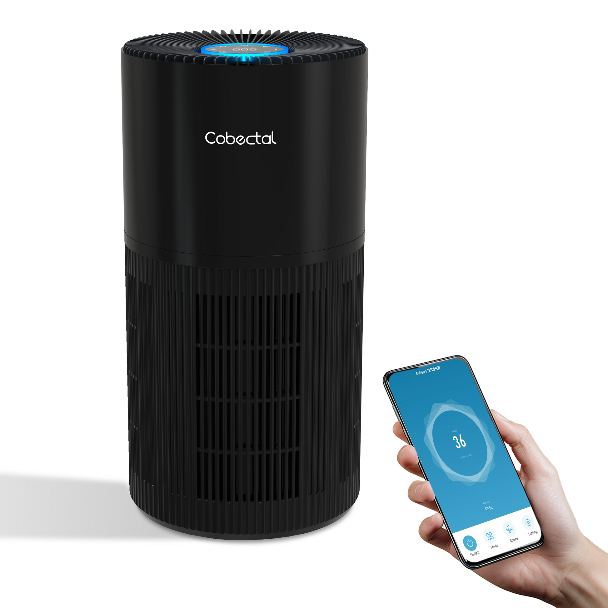 Cabectal ZQA-6000A smart air purifier: Sleek black design with app control. Manage air purification easily via your phone for fresh air.