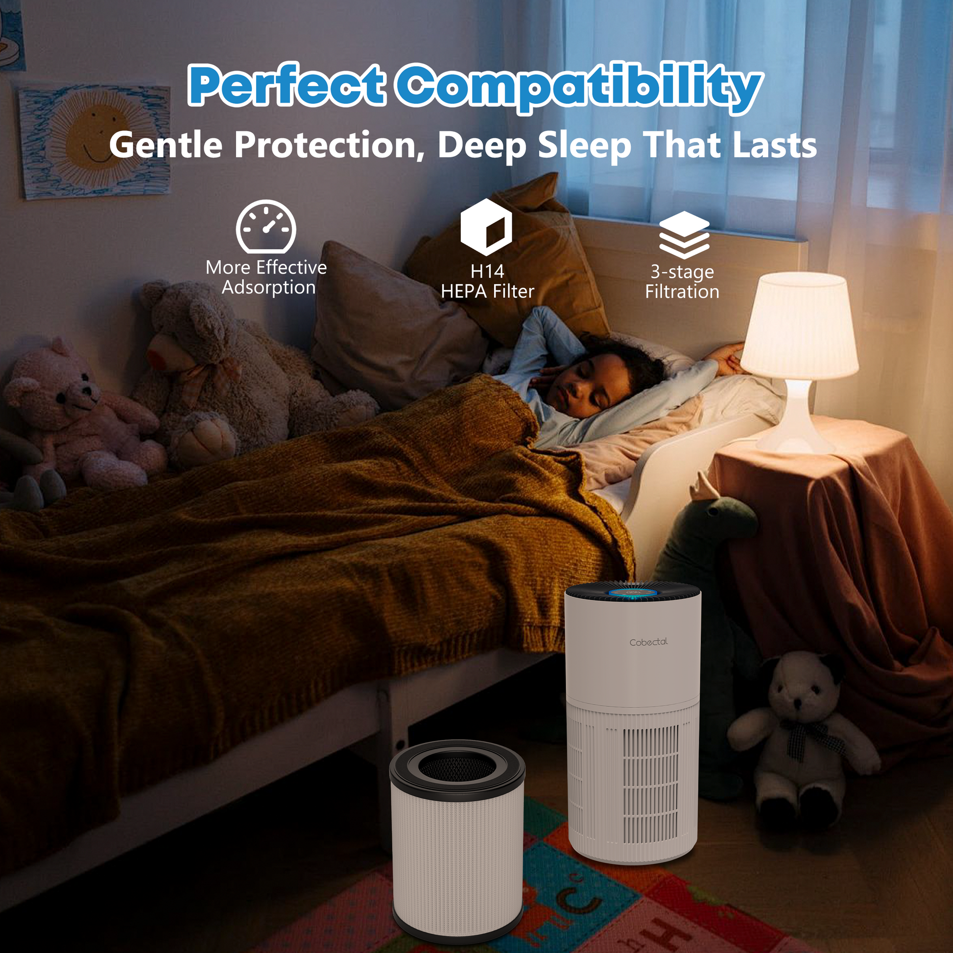 Cobectal Air purifier with H14 HEPA filter & 4 - stage filtration: Ensures perfect compatibility, more effective adsorption for fresh air. Brings gentle protection for lasting deep sleep.