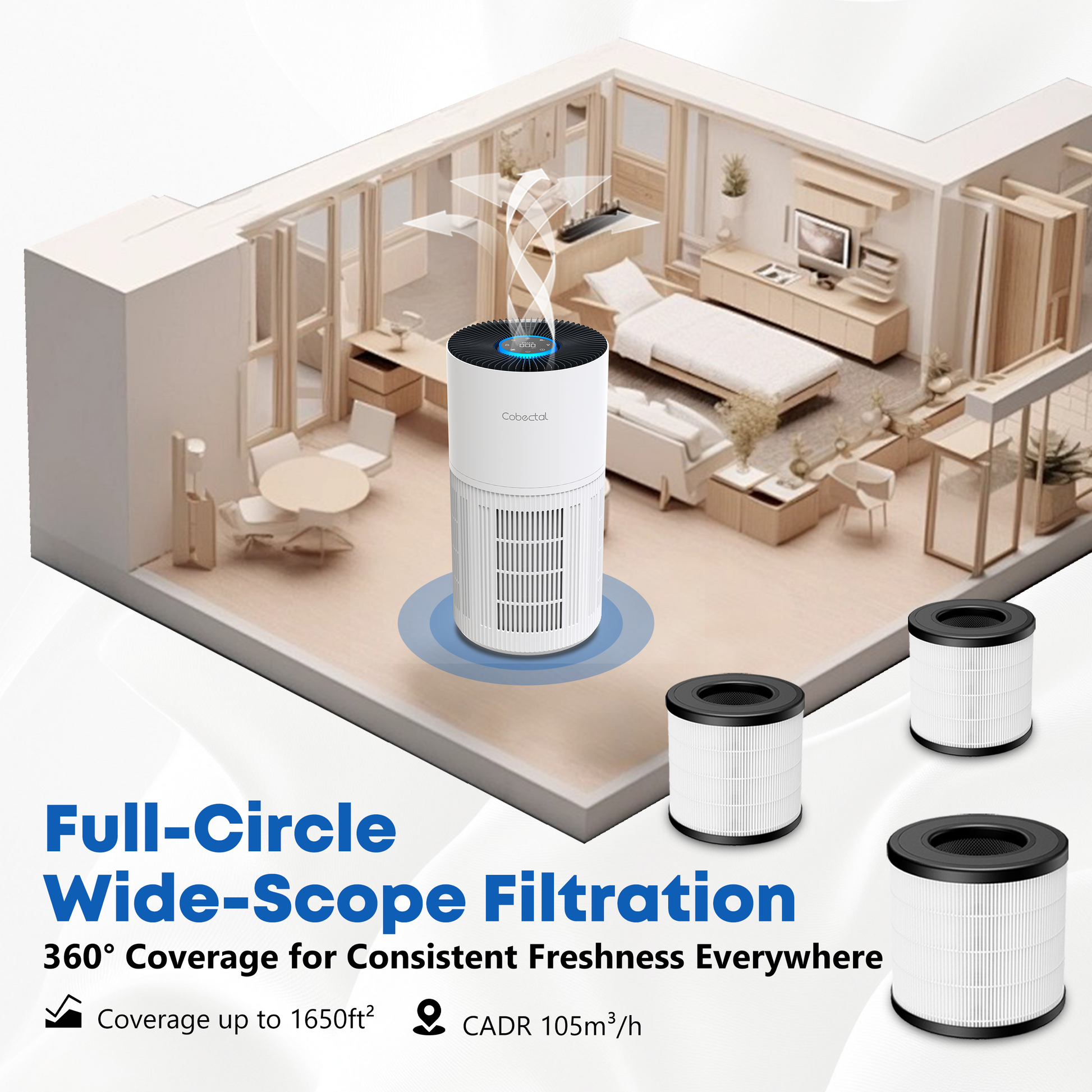 Cobectal ZQA-6000A  Air purifier with full - circle wide - scope filtration: Offers 360° coverage for consistent freshness, covers up to 1650ft² with CADR 105m³/h.