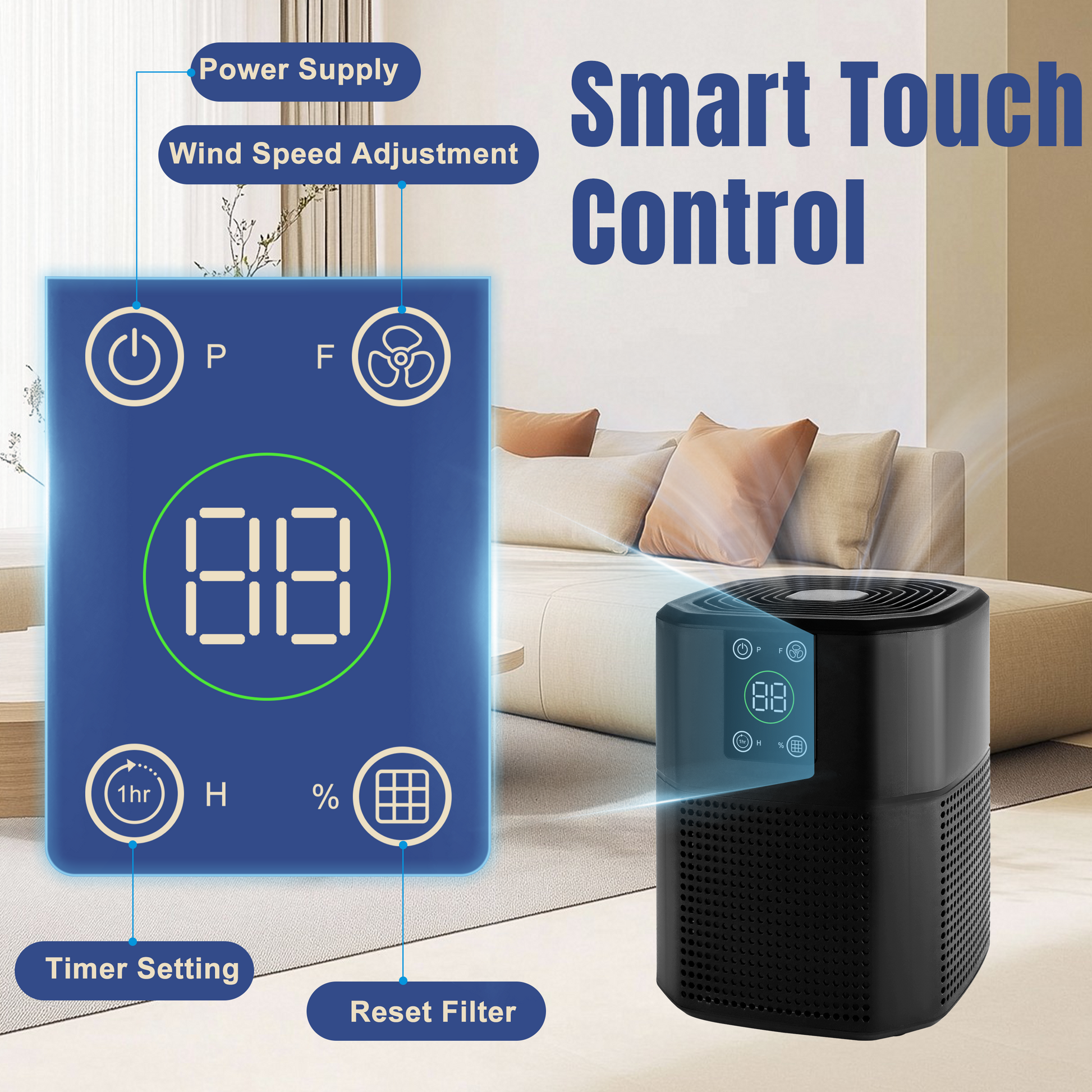 Cobectal Smart Touch Control air purifier. Features power supply, wind speed adjustment, timer setting, reset filter functions. Clear digital display, easy operation. Shown in a cozy living room setting for clean air convenience.