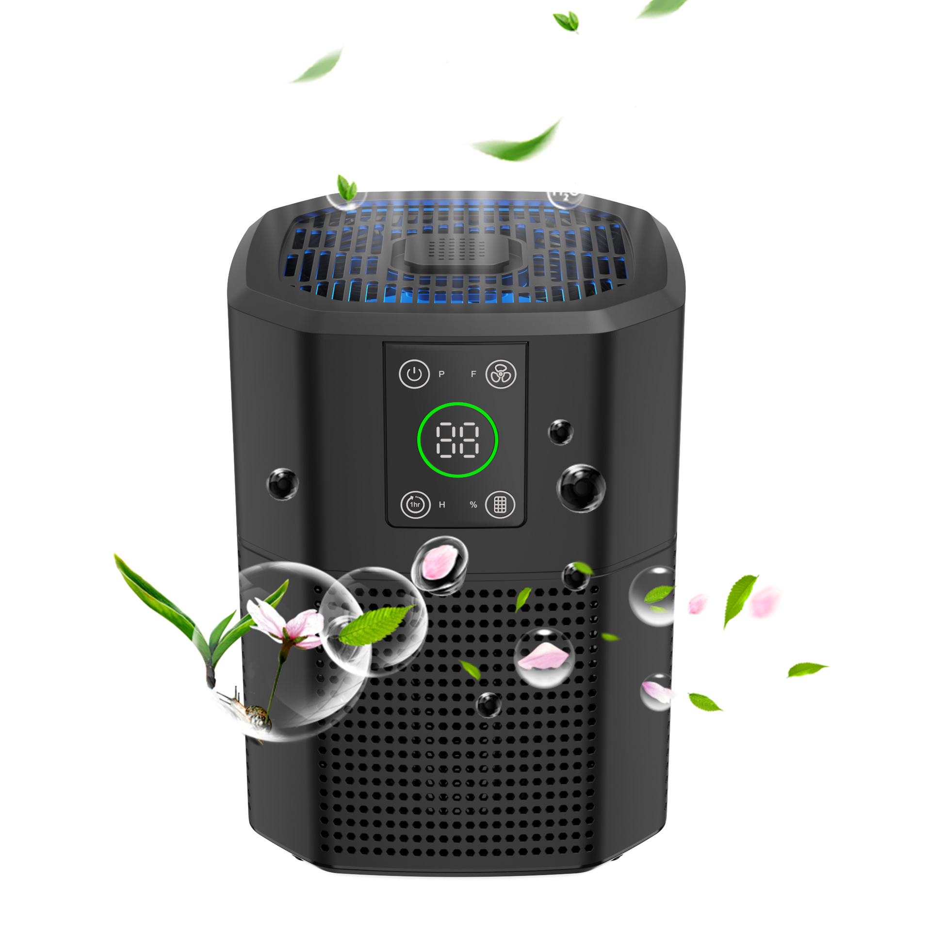 The Cobectal Black air purifier with digital display , surrounded by bubbles, flowers, leaves. High-lighting fresh air and sleek design.