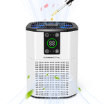 The Cobectal ZQ2000B Air Purifier has a sleek design, a digital display, an aroma dropper for scent, and uses airflow with green leaves imagery to signify fresh air delivery.