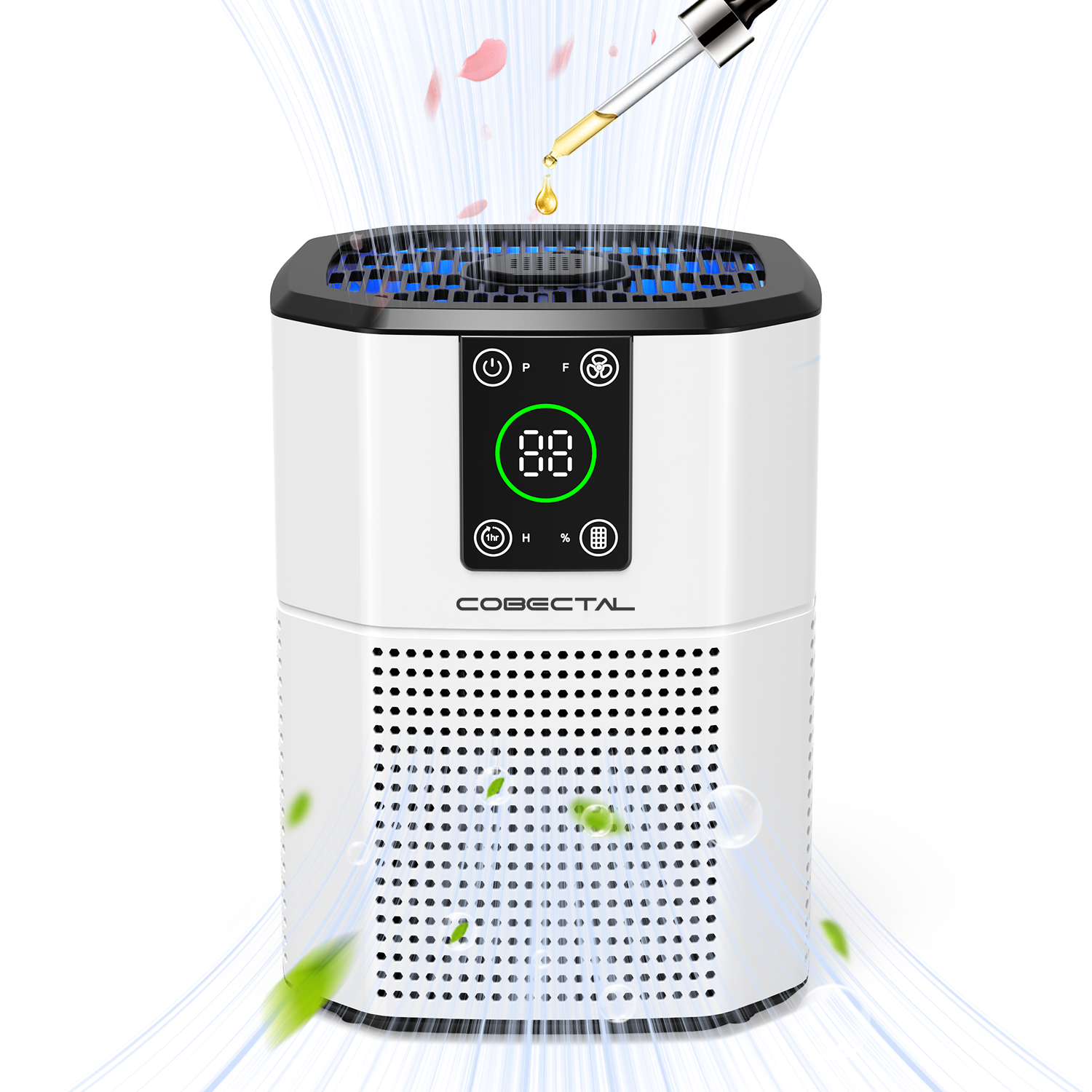 The Cobectal ZQ2000B Air Purifier has a sleek design, a digital display, an aroma dropper for scent, and uses airflow with green leaves imagery to signify fresh air delivery.