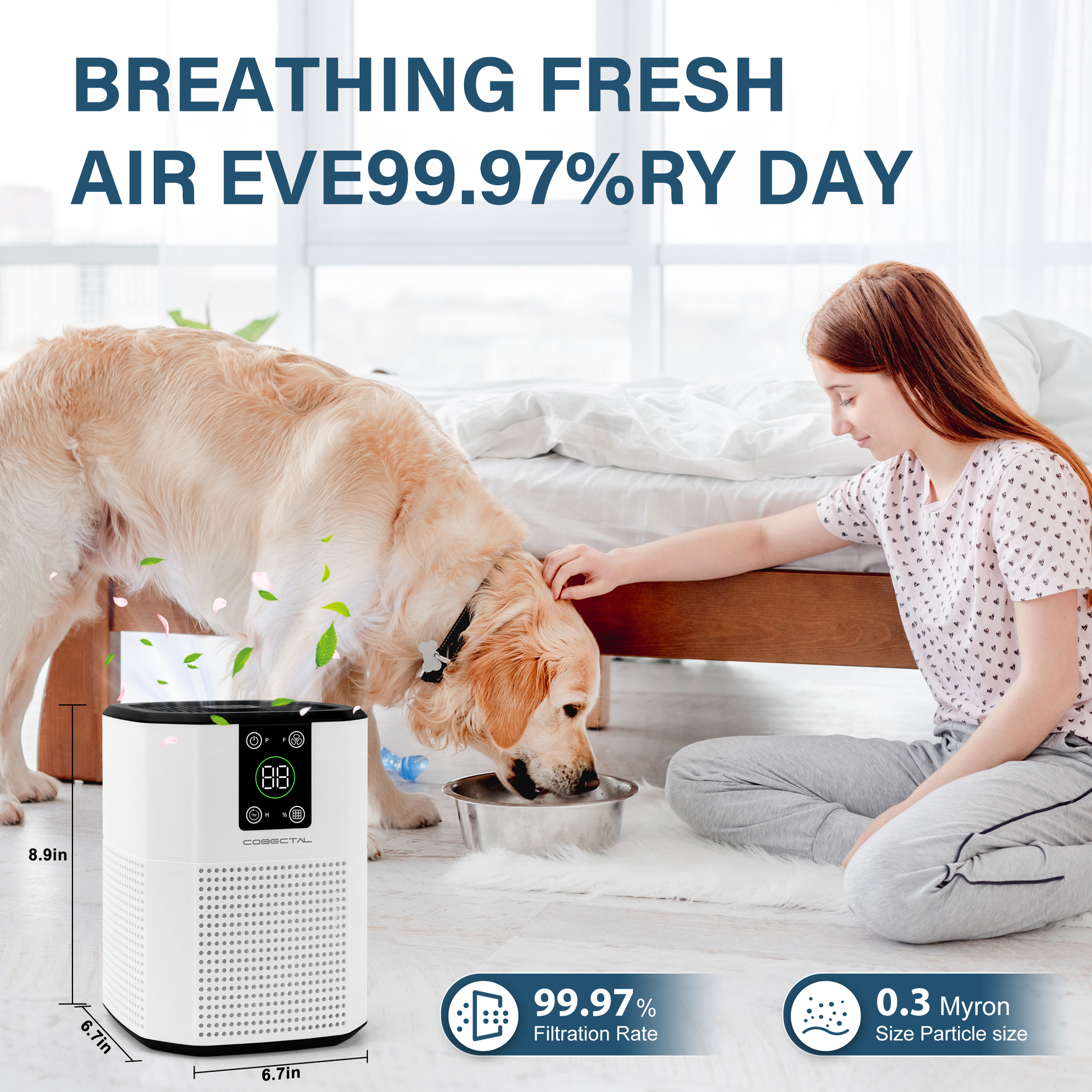 Cobectal ZQ2000B Air Purifier (8.9in H × 6.7in W × 6.7in D) in a cozy home scene. It filters 99.97% of 0.3 - micron particles, ensuring fresh air daily as a woman pets her dog nearby.