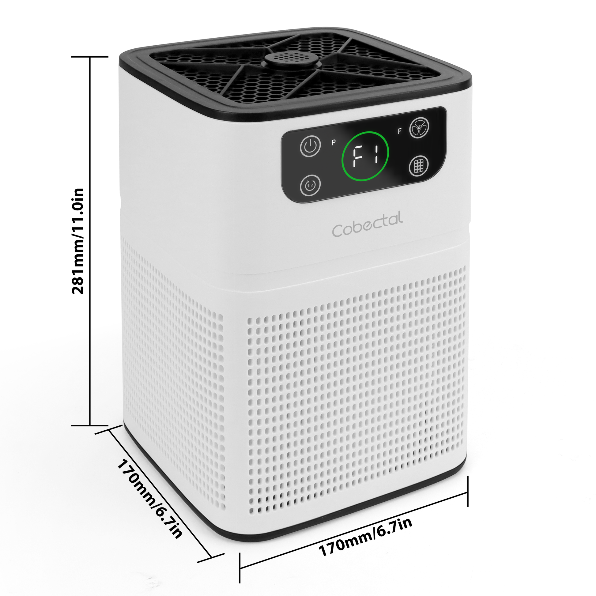 Cobectal air purifier dimensions: 11.0in (H) x 6.7in (W) x 6.7in (D). Features a digital display showing "F1" with touch controls, sleek white design with a black top.