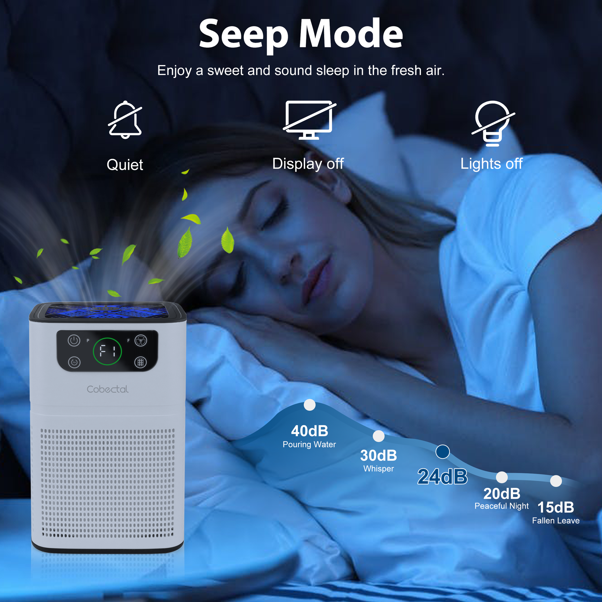 Cobectal air purifier in Sleep Mode . Quiet (24dB), display/lights off. Enjoy fresh air for sweet sleep.