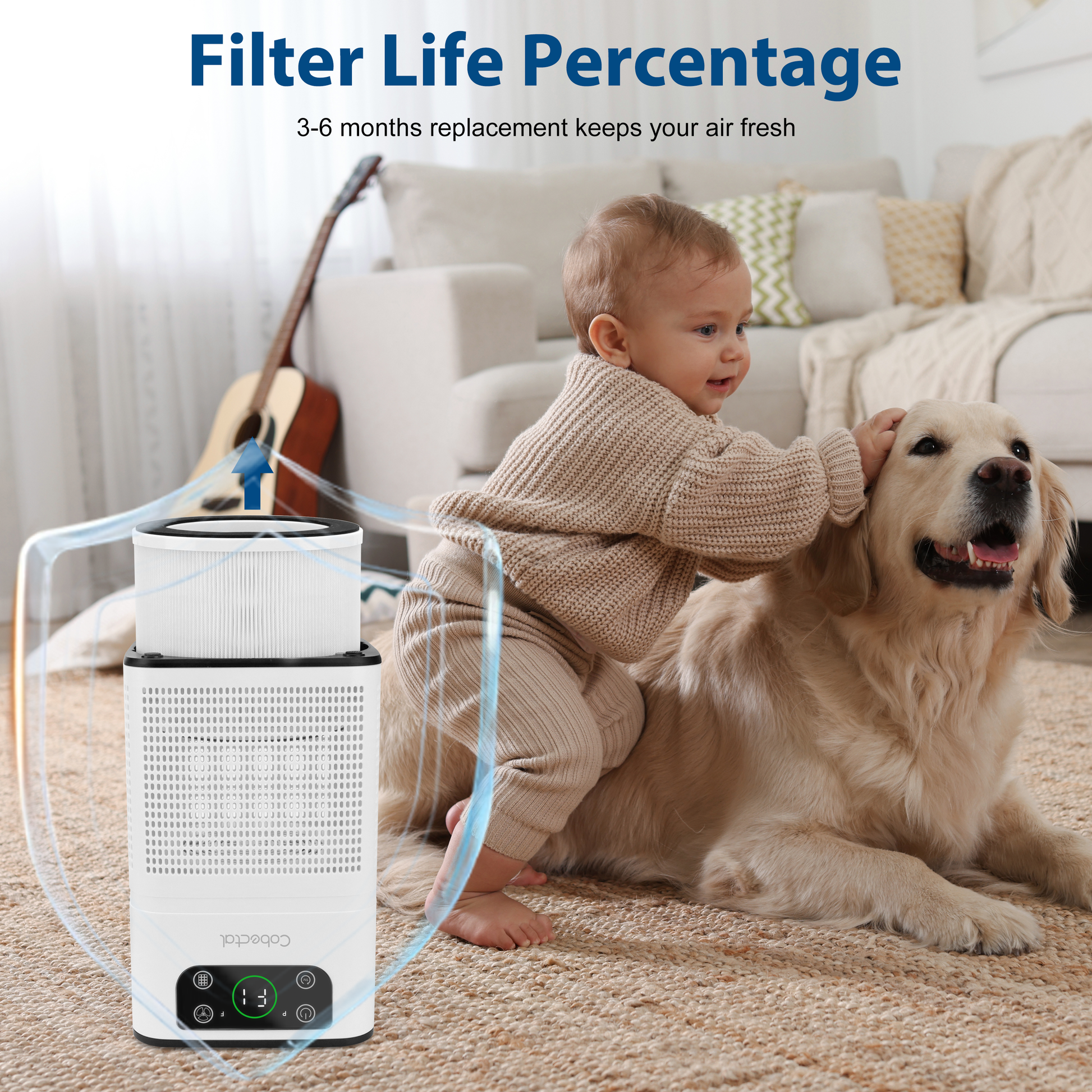 Cobectal air purifier shows filter life percentage, needs replacement every 3 - 6 months. Keeps air fresh, with a baby and dog in a cozy living room scene.
