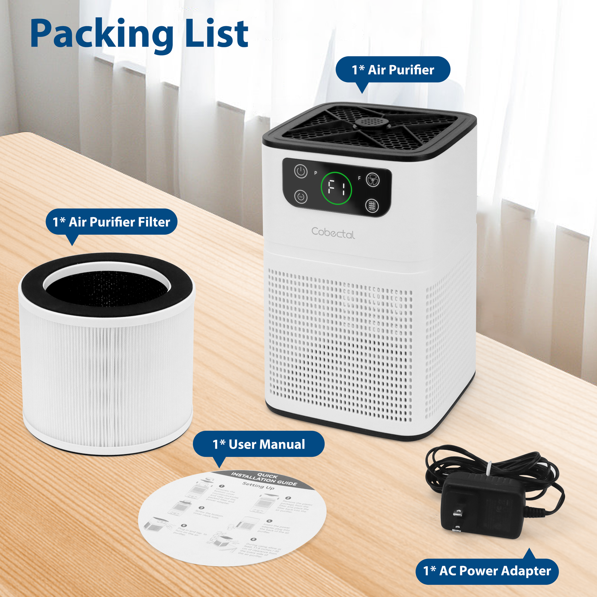 Packing list of Cobectal ZQ 3000A air purifier , 1 air purifier, 1 filter, 1 user manual, 1 AC power adapter. Shown on a wooden table with clear labels for each component.
