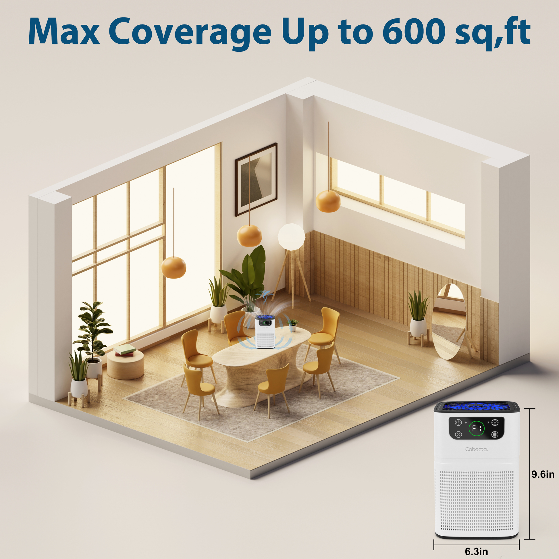 Cobectal ZQ3000A air purifier, Max coverage up to 600 sq.ft, shown in 3D room layout. Compact size (6.3in x 9.6in) cleans air in spacious, modern living areas.