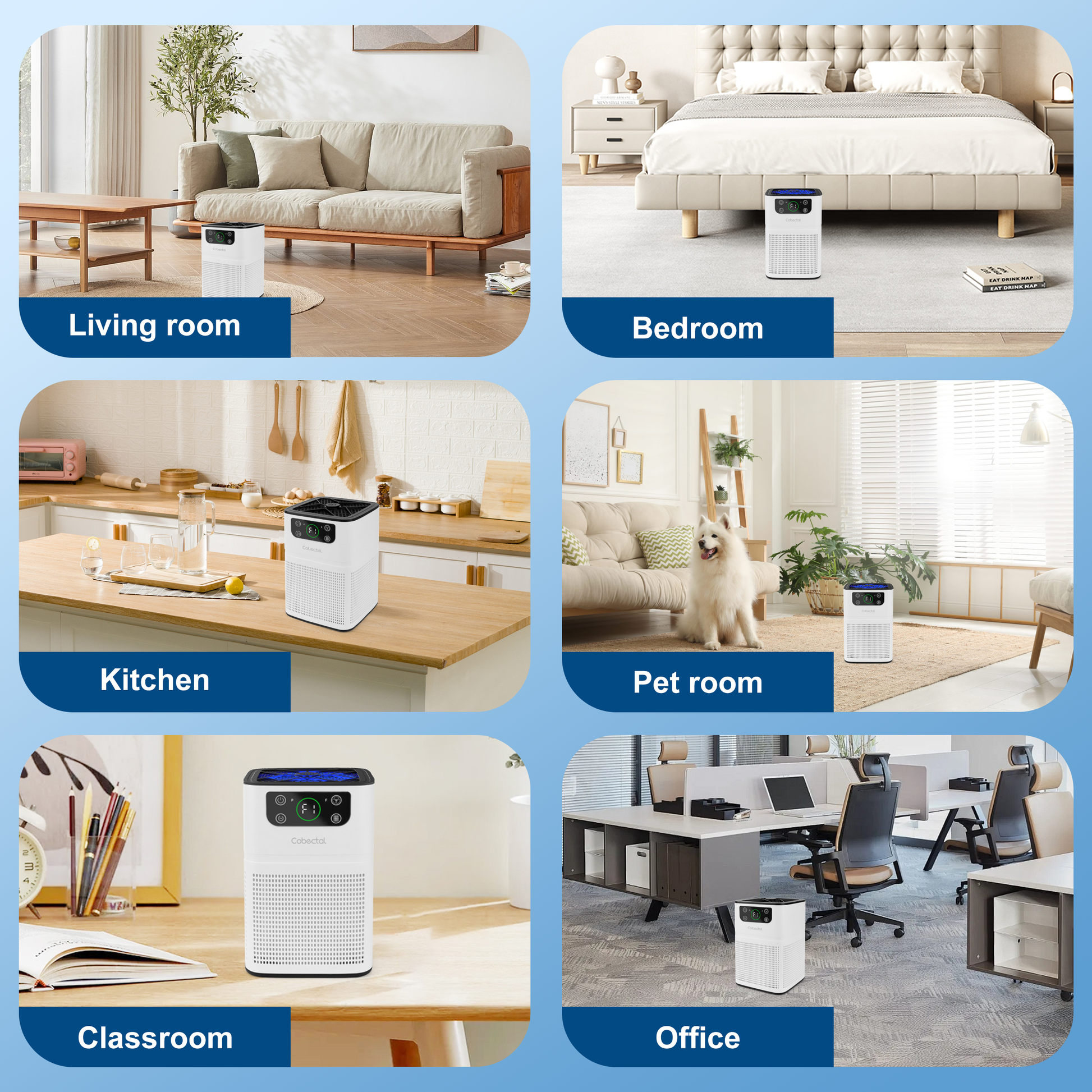 Cobectal ZQ3000A air purifier used in 6 scenarios Living room, Bedroom, Kitchen, Pet room, Classroom, Office showing its versatility in different indoor spaces for fresh air.
