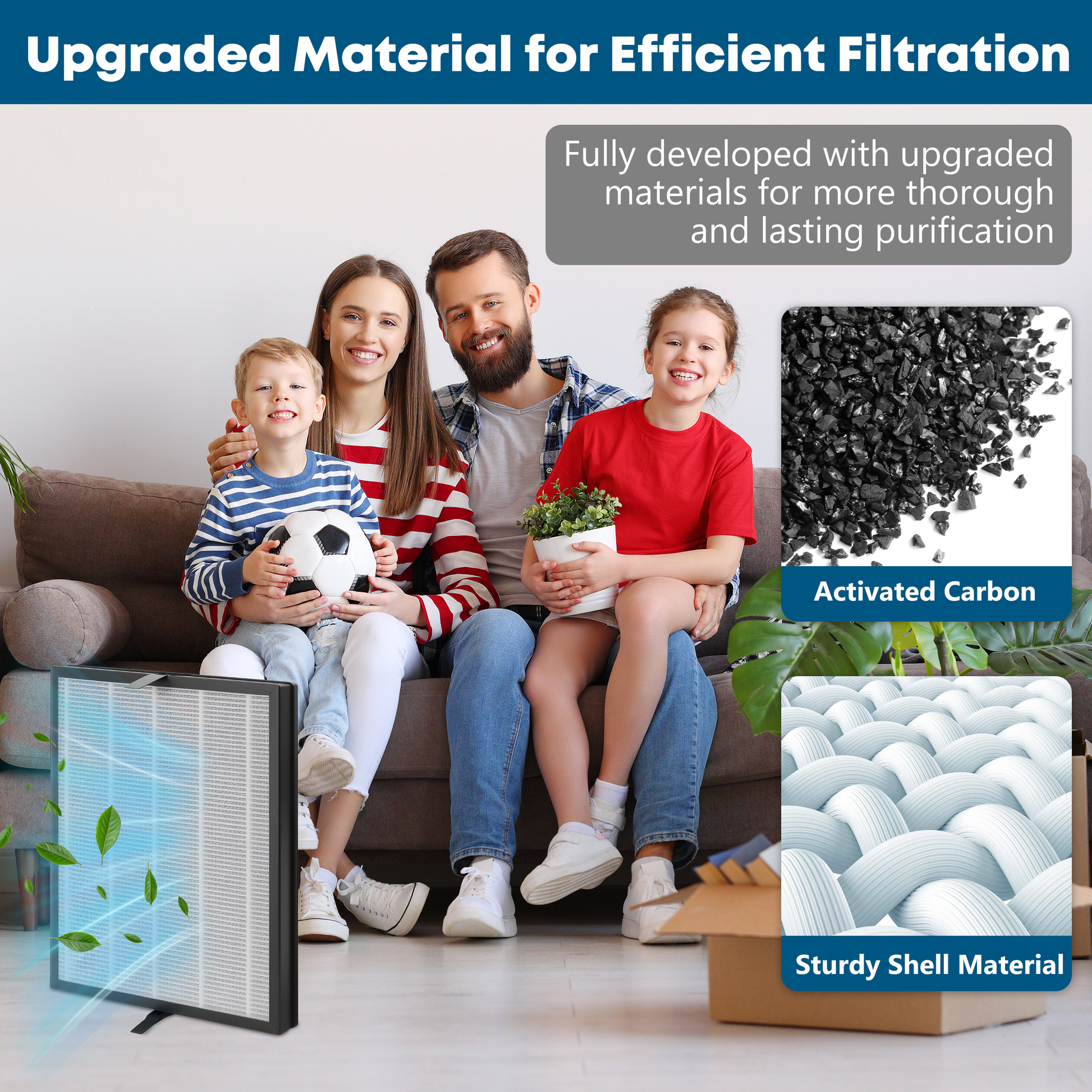 Air filter with upgraded activated carbon and sturdy shell: Delivers thorough, long - lasting purification for family health.