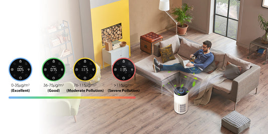 Air purifier monitors PM2.5 in real - time (4 levels: excellent/good/moderate/severe). Works in living room, cleans air for a healthy home. 