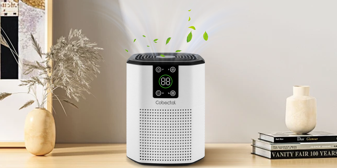 Cobectal air purifier: Sleek design, smart display, purifies air for fresh indoor environment. 