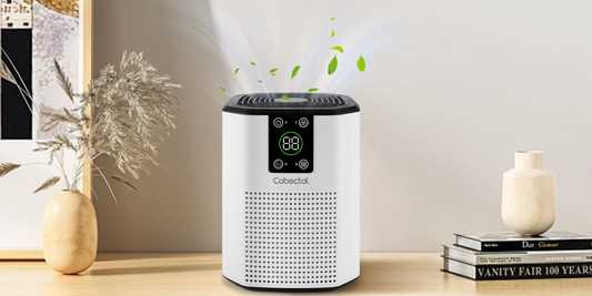 Cobectal air purifier: Sleek design, smart display, purifies air for fresh indoor environment. 