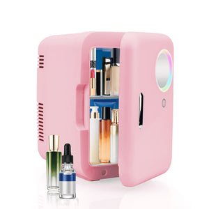 Cobectal Skincare Fridge, Mini Beauty Fridge with LED Mirror, 4L Portable Small Refrigerator for Bedroom, Car, Office & Dorm, Cooler & Warmer (Pink)