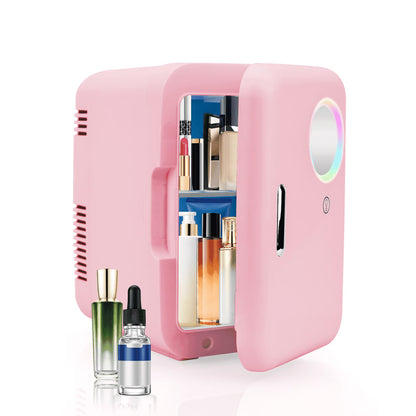 Cobectal Skincare Fridge, Mini Beauty Fridge with LED Mirror, 4L Portable Small Refrigerator for Bedroom, Car, Office & Dorm, Cooler & Warmer (Pink)
