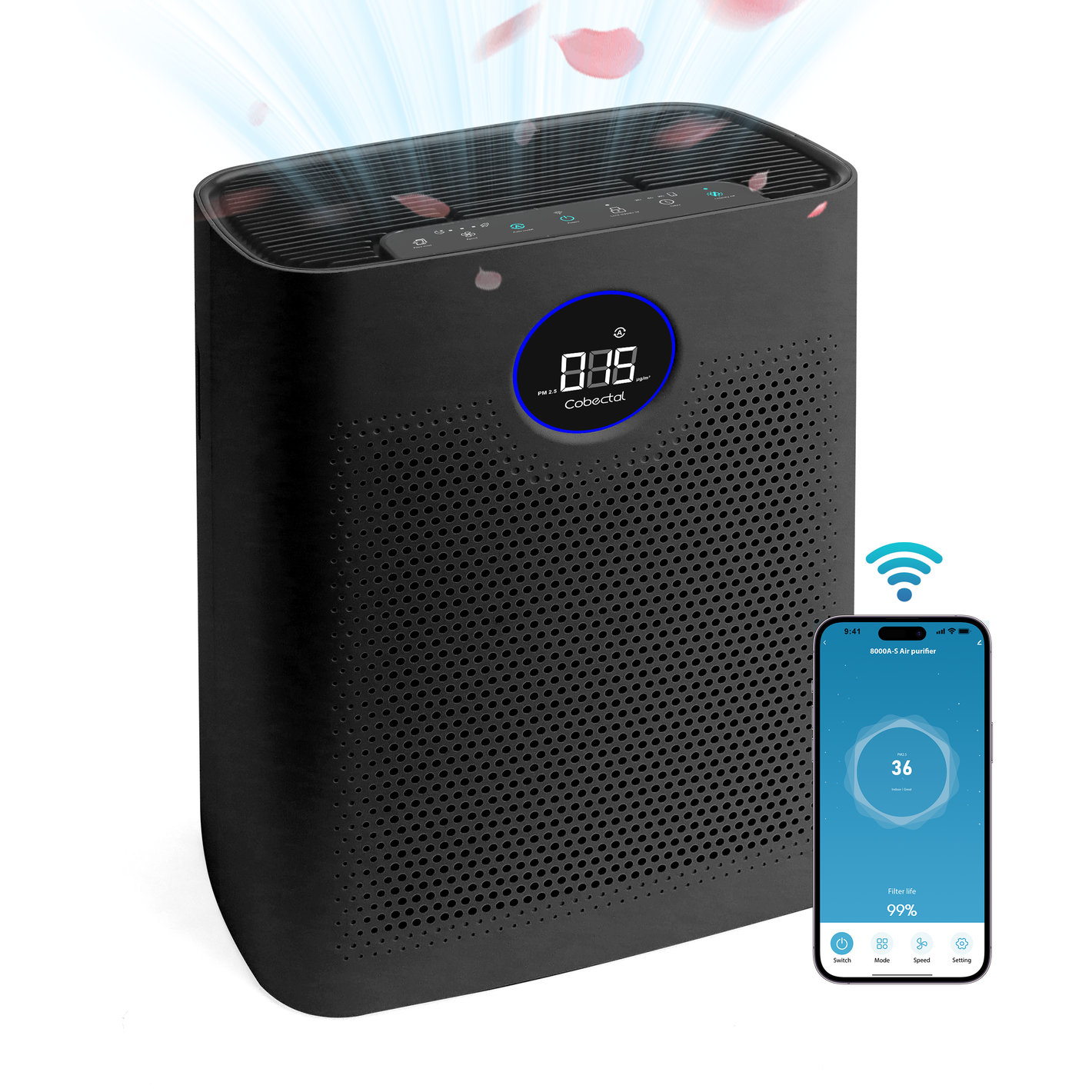 Cobectal®ZQA8000A Air Purifier with Smart WiFi 1800 sq.ft Coverage, 24dB Quiet for Pets and Dust,Black