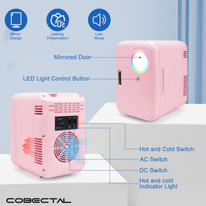Cobectal Skincare Fridge, Mini Beauty Fridge with LED Mirror, 4L Portable Small Refrigerator for Bedroom, Car, Office & Dorm, Cooler & Warmer (Pink)