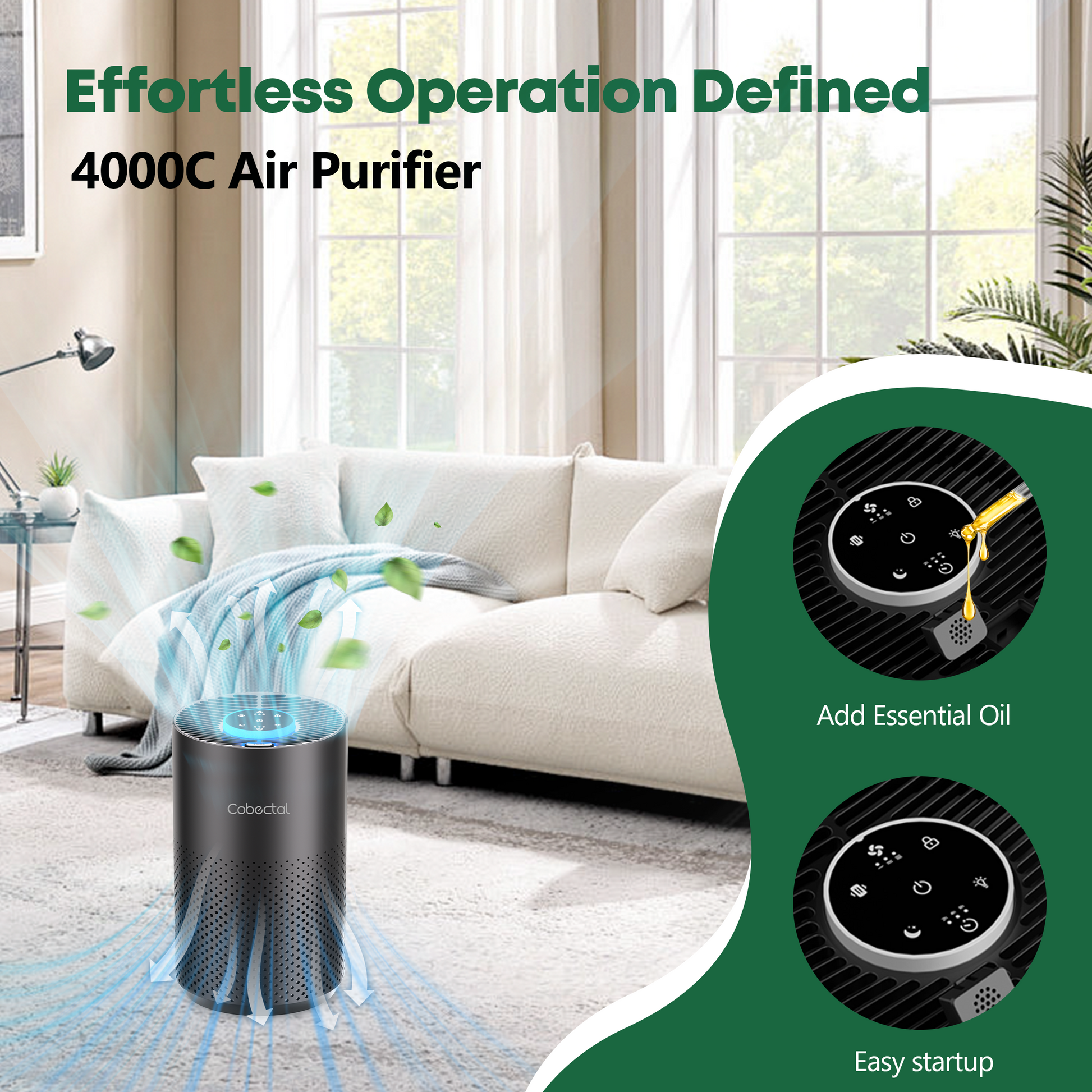 Cobectal 4000C Air Purifier Effortless to use—add essential oil for fresh scents easy startup Cleans air in stylish home settings