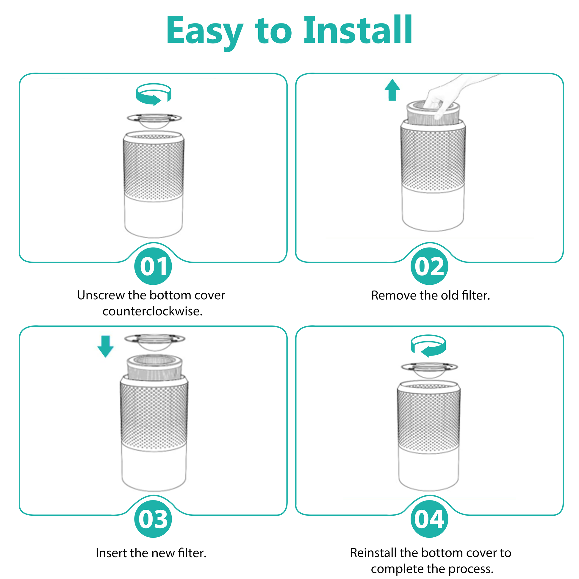 Cobectal 4000C Air Purifier Filter Easy 4 - step filter install Unscrew bottom cover, remove old filter, insert new one, reinstall cover Quick and hassle - free. 