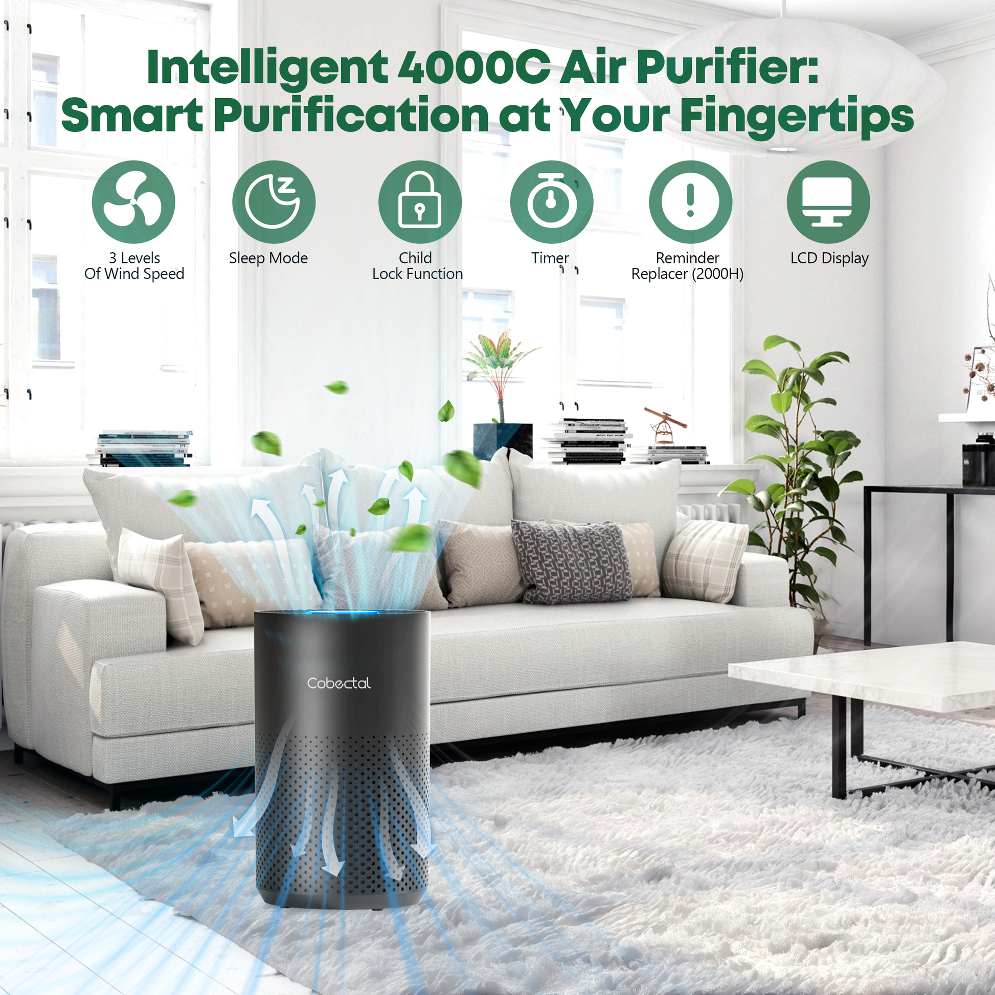 Intelligent 4000C Air Purifier 3 wind speeds sleep mode child lock timer filter reminder LCD display Smart purification for your home