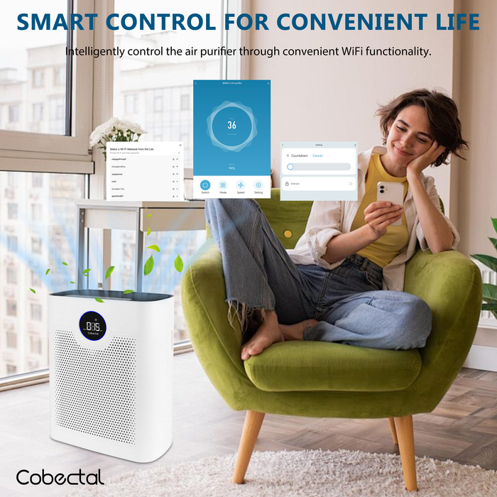 Smart Air Purifier for Home Bedroom WiFi Control, HEPA Filter and Sleep Mode,White