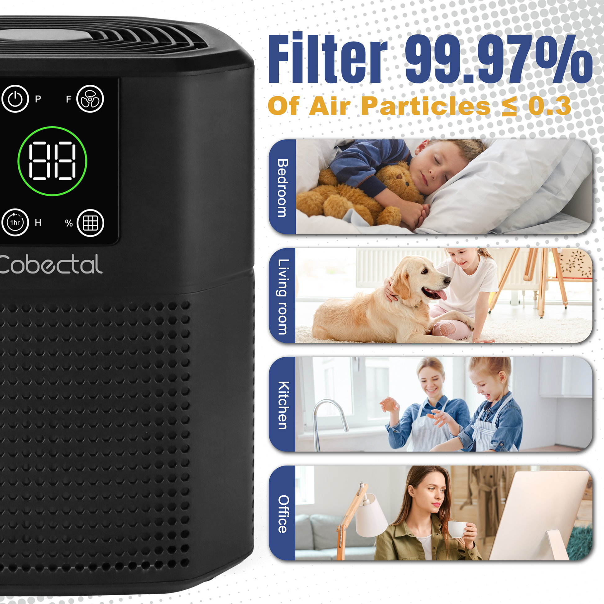 Cobectal air purifier filters 99.97% of particles ≥0.3μm. Ideal for bedroom, living room, kitchen, office. Shows clean air in daily spaces.