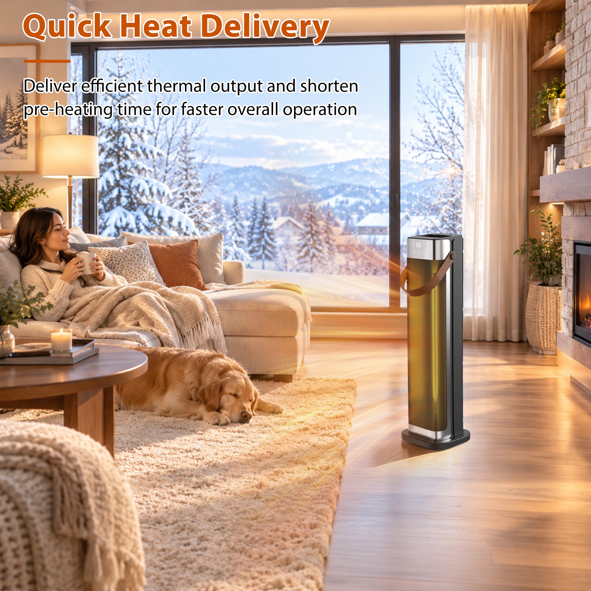 Cobectal 1500W PTC ceramic space heater delivering quick heat in a cozy living room during winter