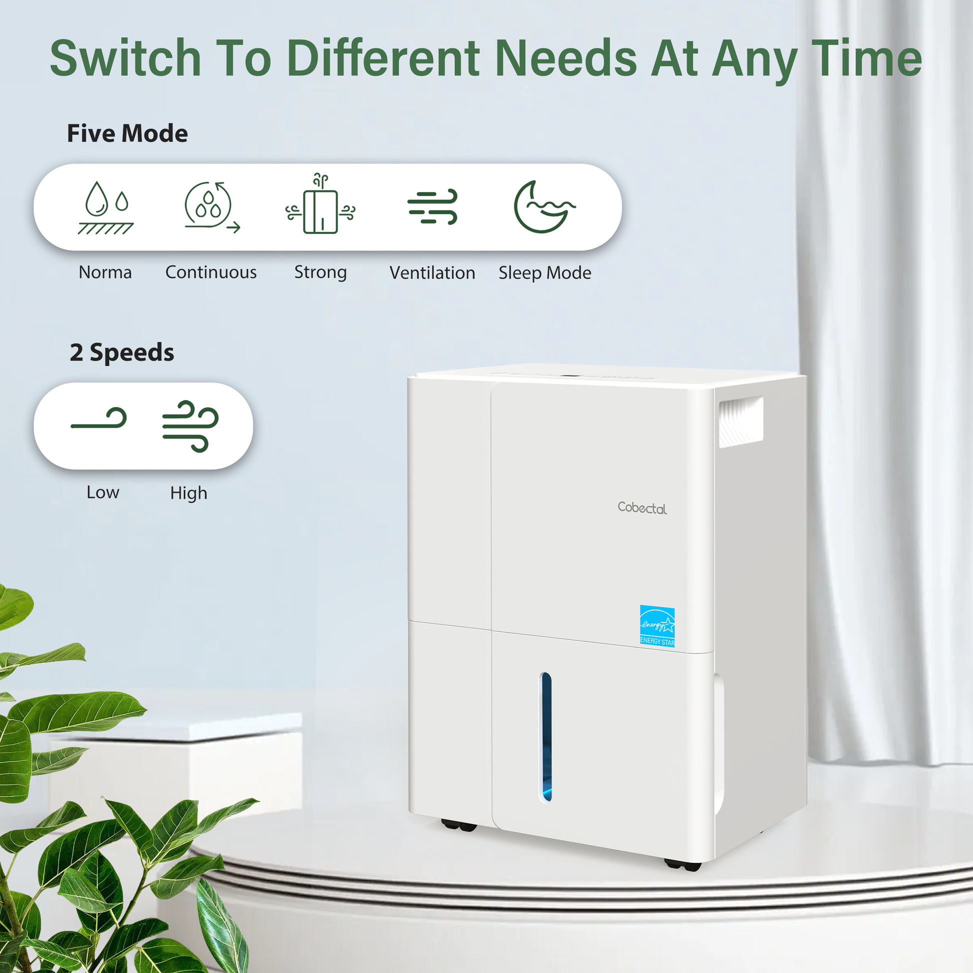 Cobectal 1500 Sq. Ft Dehumidifier, Versatile with 5 Customizable Modes and 2 Adjustable Speeds, Efficient Moisture Removal for Large Spaces