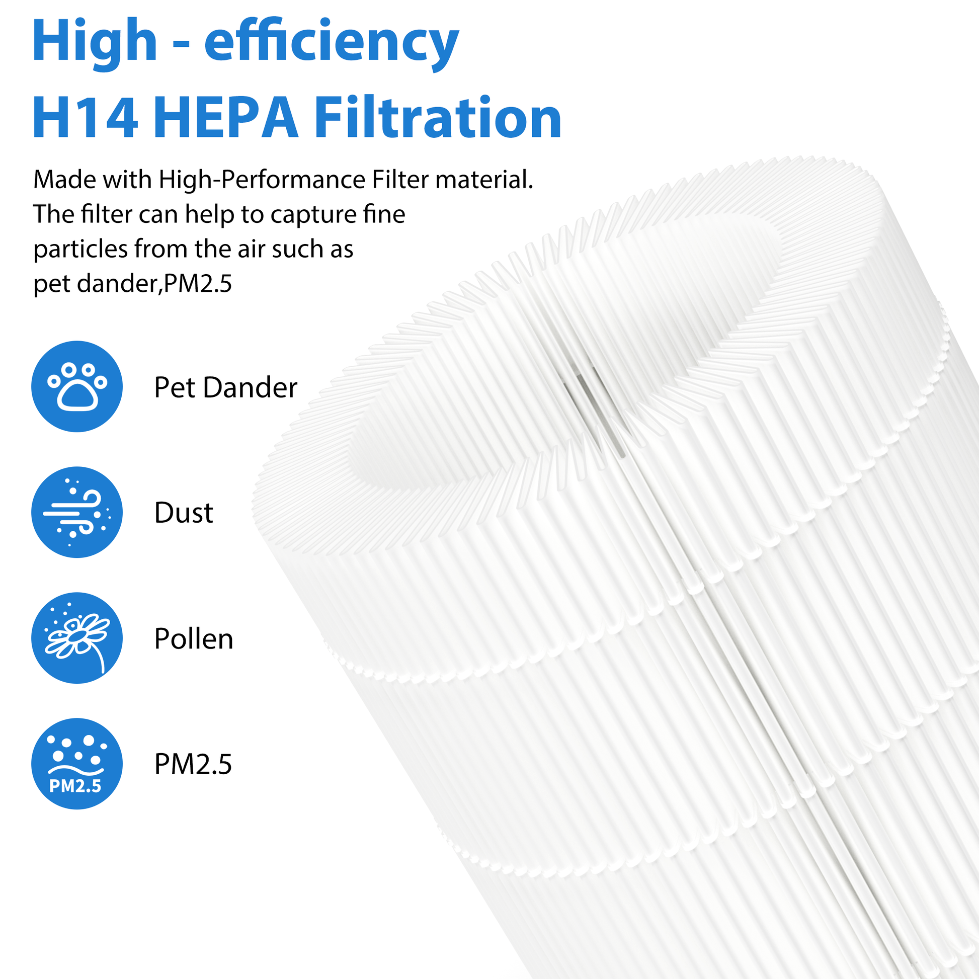 High - efficiency H14 HEPA filter Captures pet dander dust pollen PM2.5 Made with top - notch material for clean air