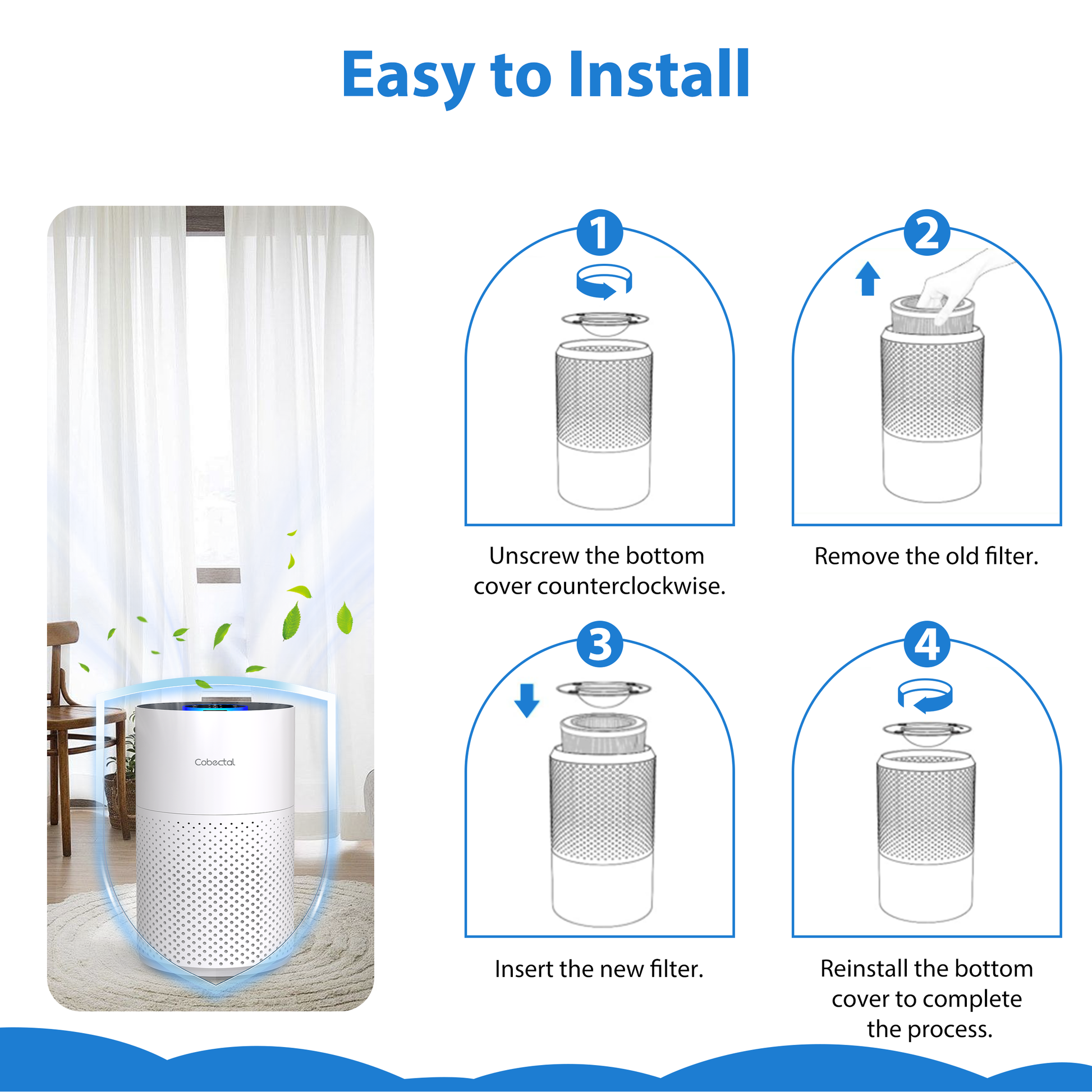 Cobectal 4000C Air Purifier Filter 4 - step easy install: Unscrew bottom cover, remove old filter, insert new one, reinstall cover. Quick and simple for fresh air.