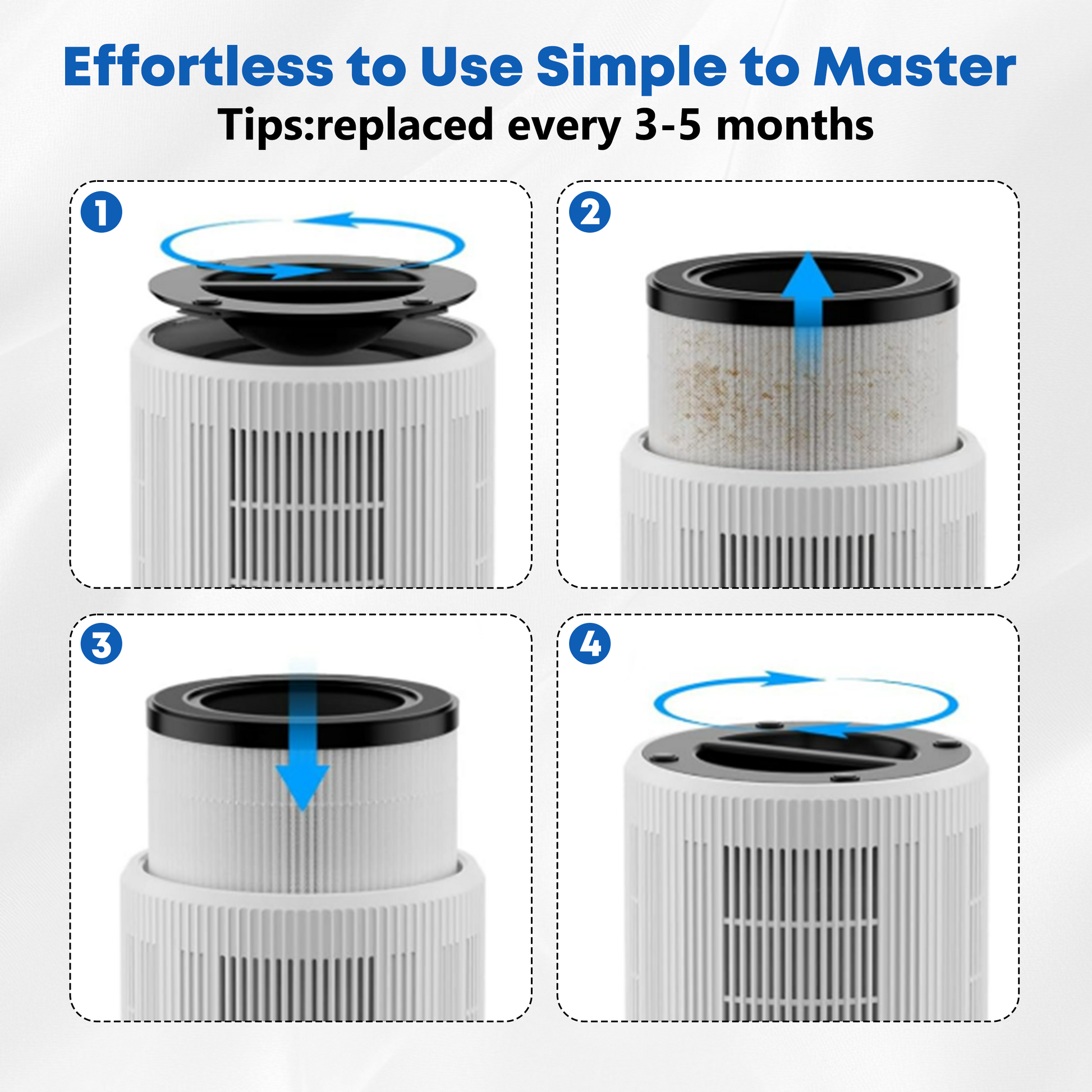 Effortless 4 - step filter replacement: Twist, remove, insert, secure. Replace every 3 - 5 months for best results.