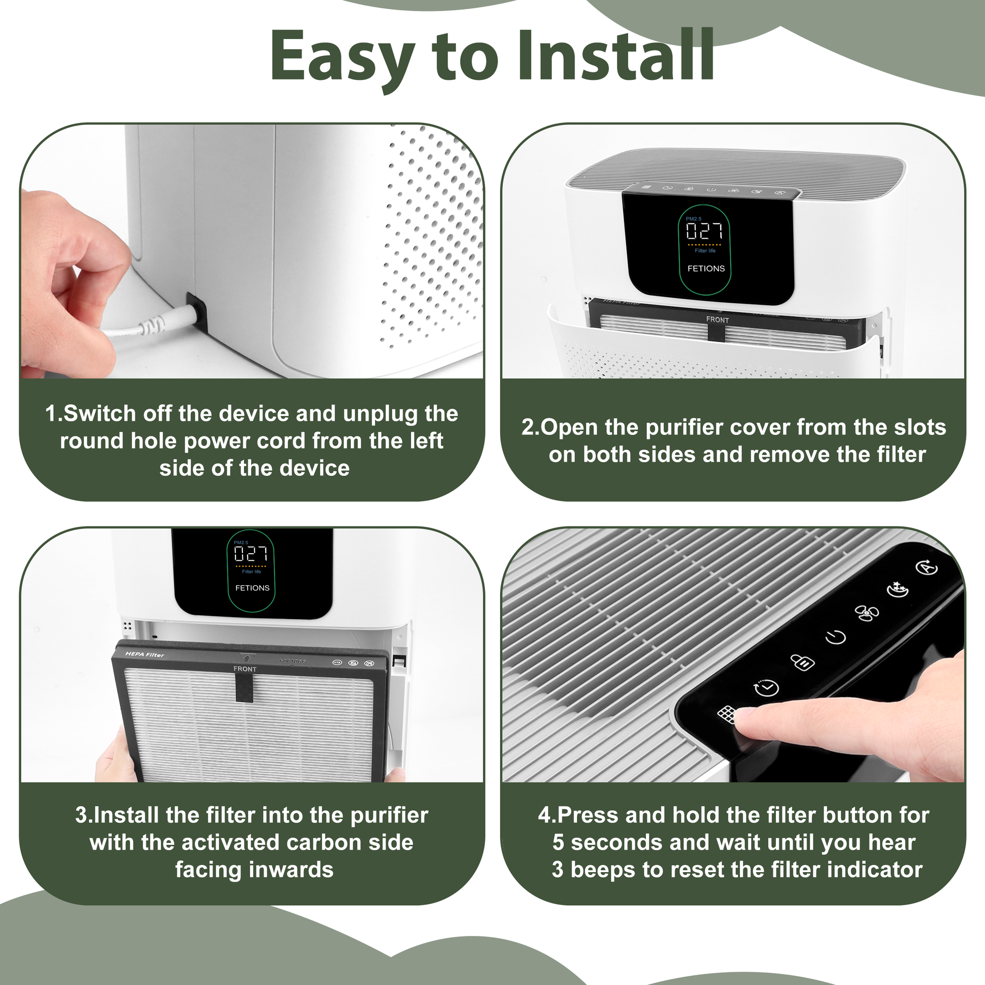 Cobectal HY4866 Air Purifier Filter Replacement, Easy 4-Step Installation Guide: Unplug, Open Cover, Install Filter, Reset Indicator, Compatible with HY4866 Air Purifiers for Homes with Pets