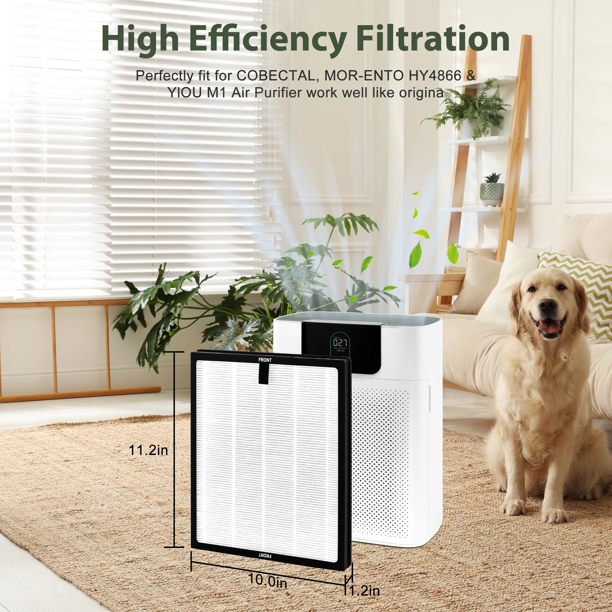 Cobectal HY4866 Air Purifier Filter Replacement, High Efficiency H13 HEPA Filter, Fits COBECTAL, MOR-ENTO HY4866 & YIOU M1 Air Purifiers, Dimensions 11.2 x 10.0 x 1.2 Inches, Captures Pet Dander and Allergens
