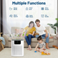 Cobectal HY4866 Air Purifier: Product image showcasing its multiple functions (Sleep Mode, Child Lock, Filter Reset, Wind Speed, Auto Mode, Timers) alongside a family and cat in a cozy living space, highlighting versatile use for household comfort.