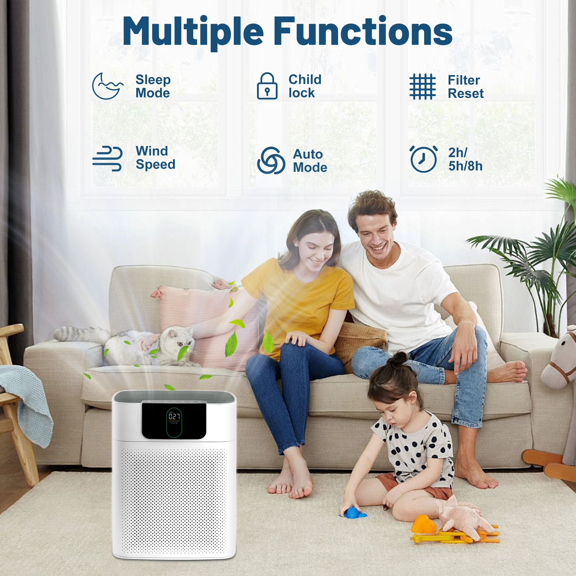 Cobectal HY4866 Air Purifier: Product image showcasing its multiple functions (Sleep Mode, Child Lock, Filter Reset, Wind Speed, Auto Mode, Timers) alongside a family and cat in a cozy living space, highlighting versatile use for household comfort.