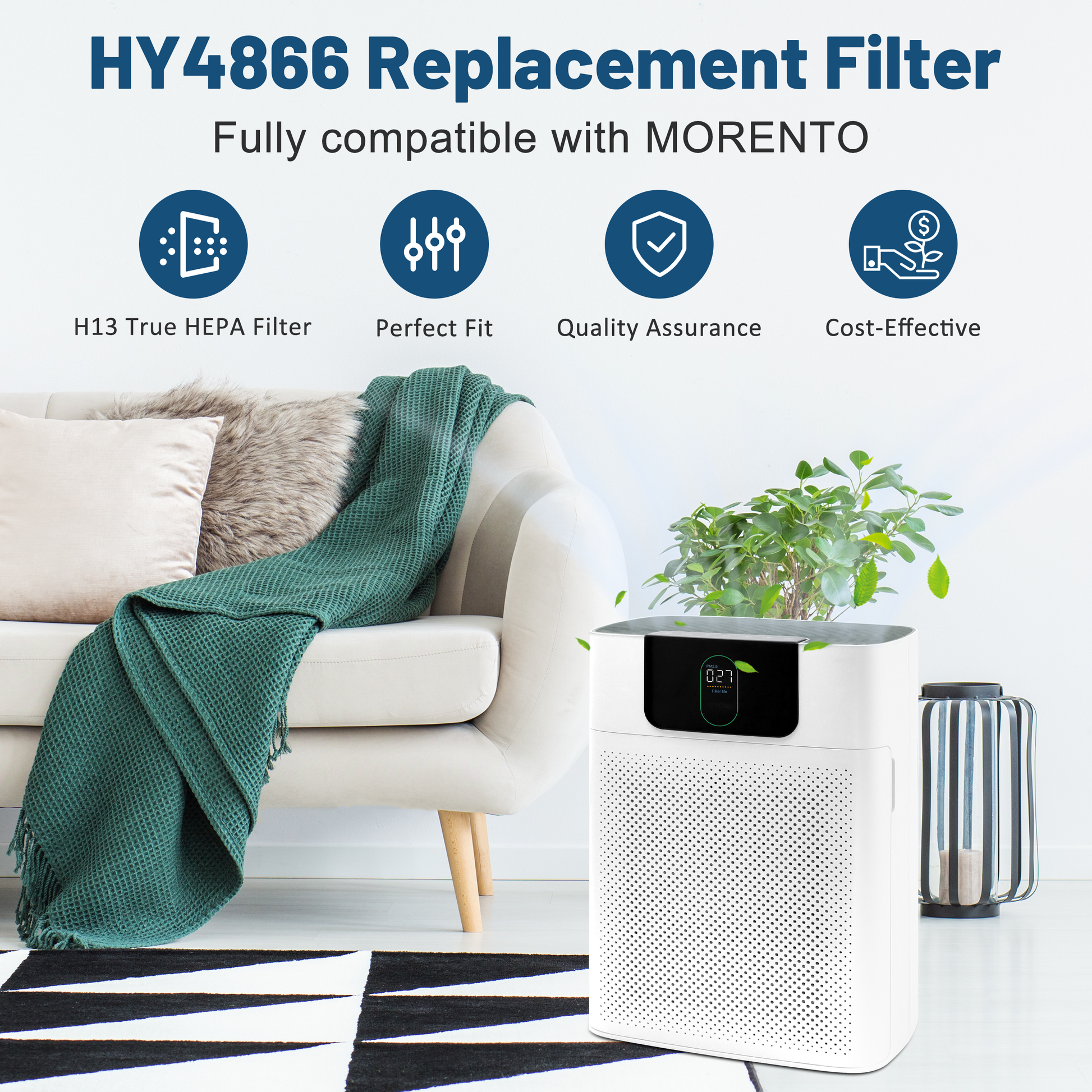Cobectal HY4866 Air Purifier Replacement Filter: Product image showing it’s fully compatible with MORENTO, featuring H13 True HEPA filtration, perfect fit, quality assurance, and cost-effectiveness, displayed alongside the air purifier in a cozy living space.