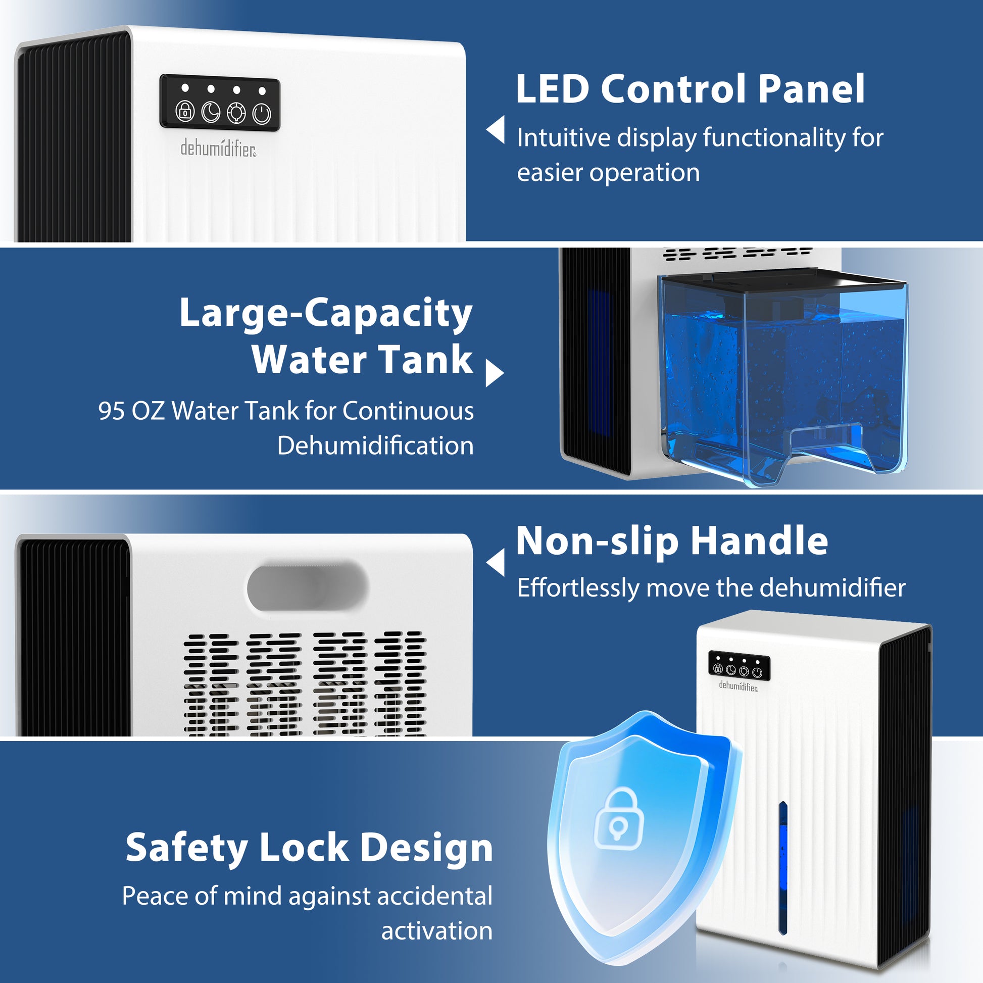 Cobectal ZQB201A Dehumidifier, LED Control Panel, 95 OZ Large-Capacity Water Tank, Non-slip Handle, Safety Lock Design, Intuitive Operation for Continuous Dehumidification