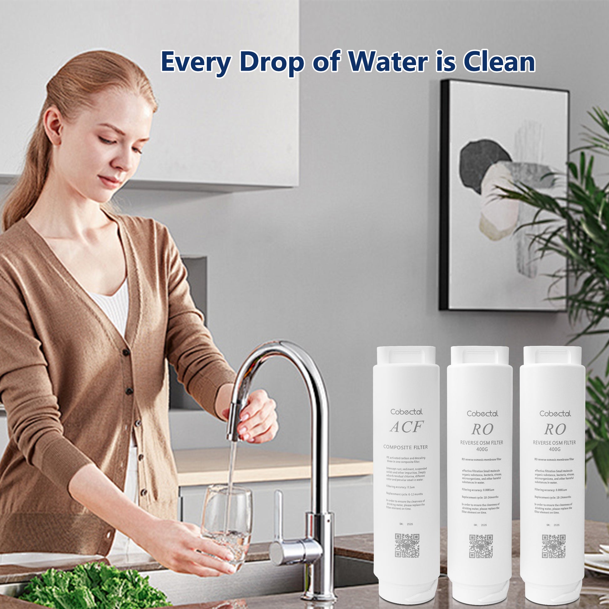 Cobectal water filter set (ACF composite + RO reverse osmosis): Ensures every drop of water is clean for your daily use.
