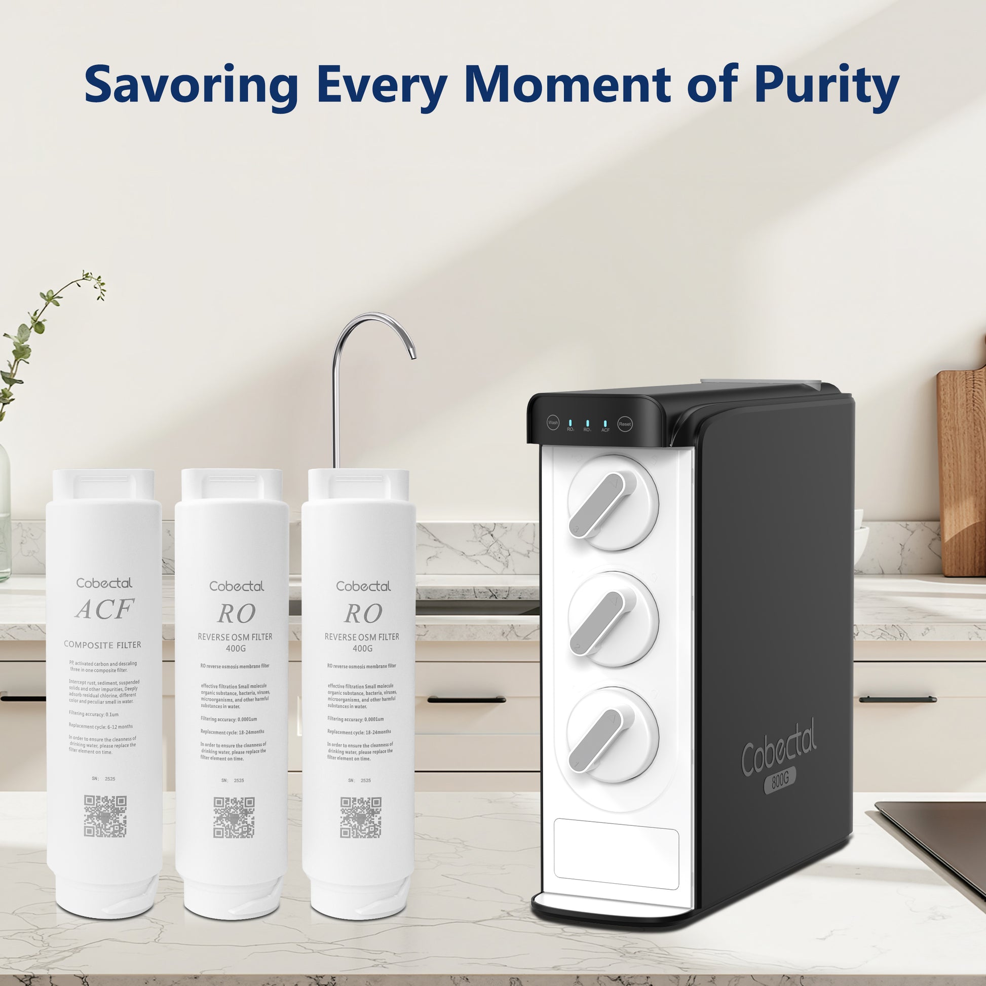 Cobectal water filtration system: ACF composite & RO reverse osmosis filters, plus the purifier. Savor every moment of pure water.