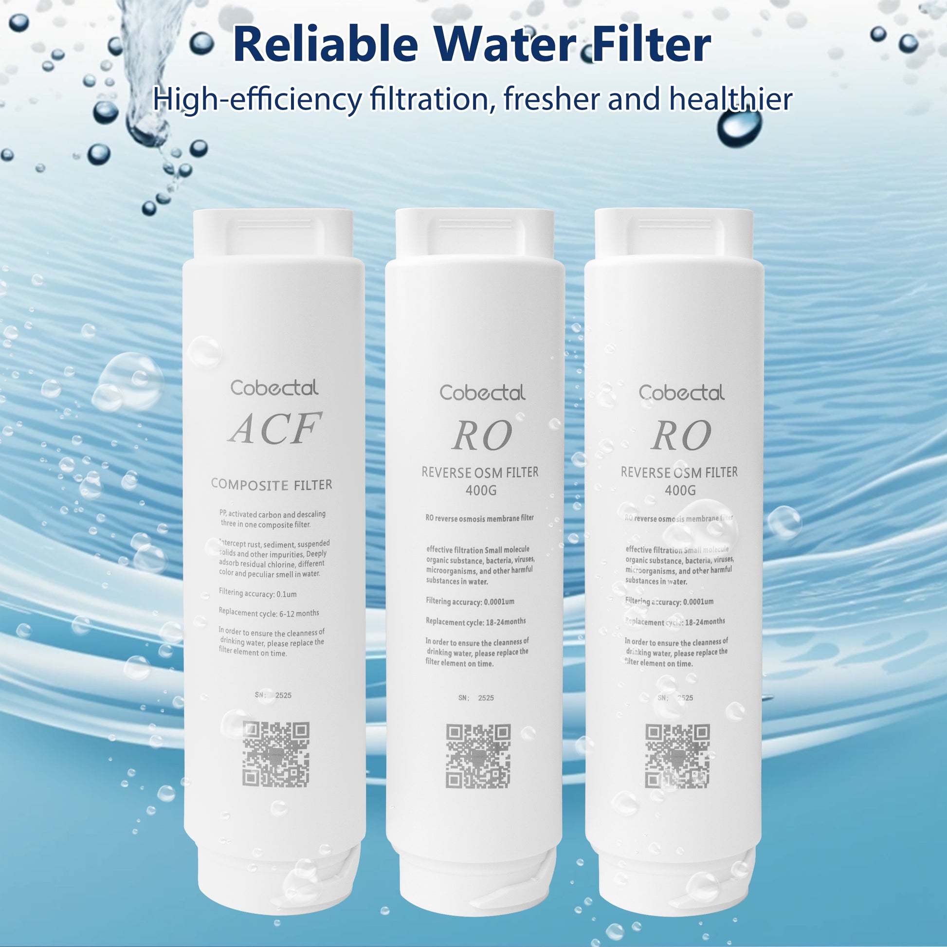 Cobectal reliable water filter set: ACF composite & RO reverse osmosis (400G) filters. High - efficiency filtration for fresher, healthier water.