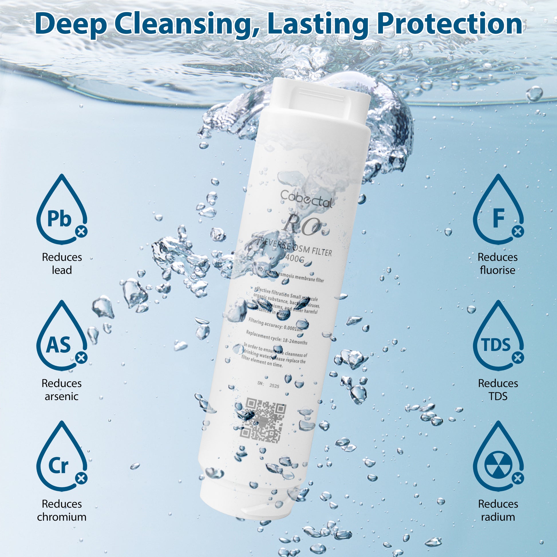 Cabectal RO filter: Deeply cleanses water, reducing lead, arsenic, chromium, fluoride, TDS, radium for lasting protection and pure drinking water.