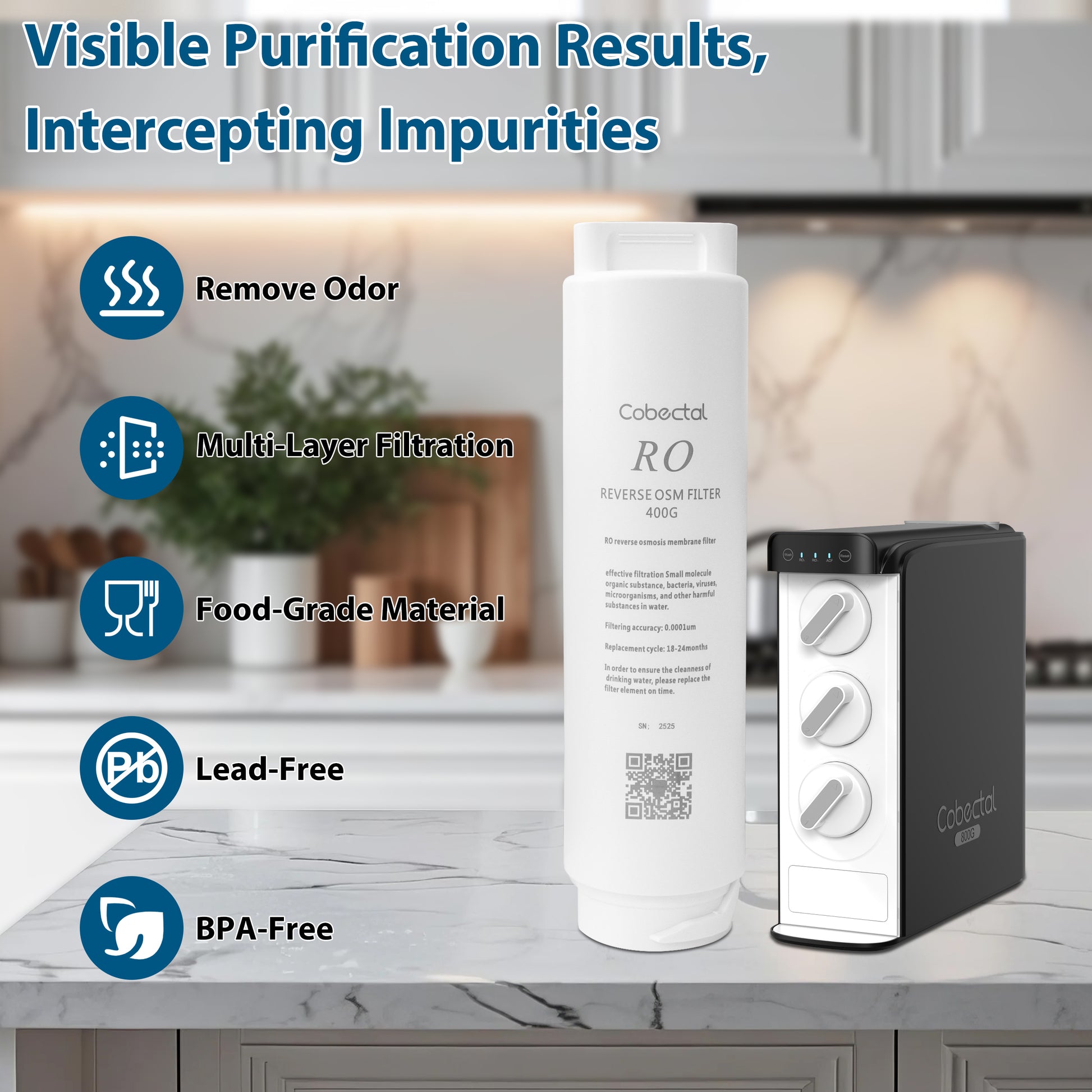 Cabectal RO Filter: Visible purification, multi - layer filtration, food - grade, lead and BPA - free. Removes odor for clean, safe drinking water.