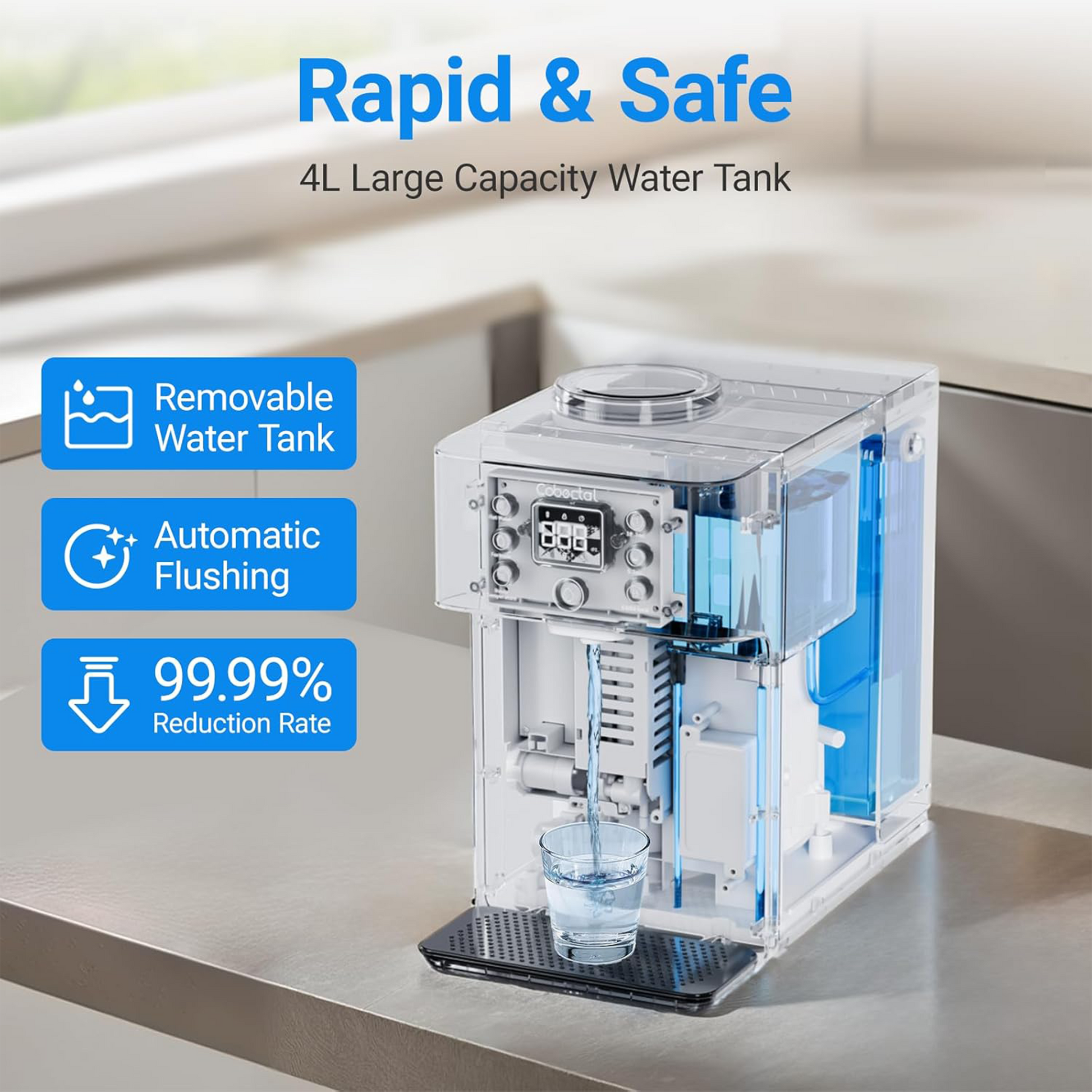 Cobectal Reverse Osmosis Water Filter: 4L tank, removable, auto - flush, 99.99% impurity reduction. Rapid and safe.