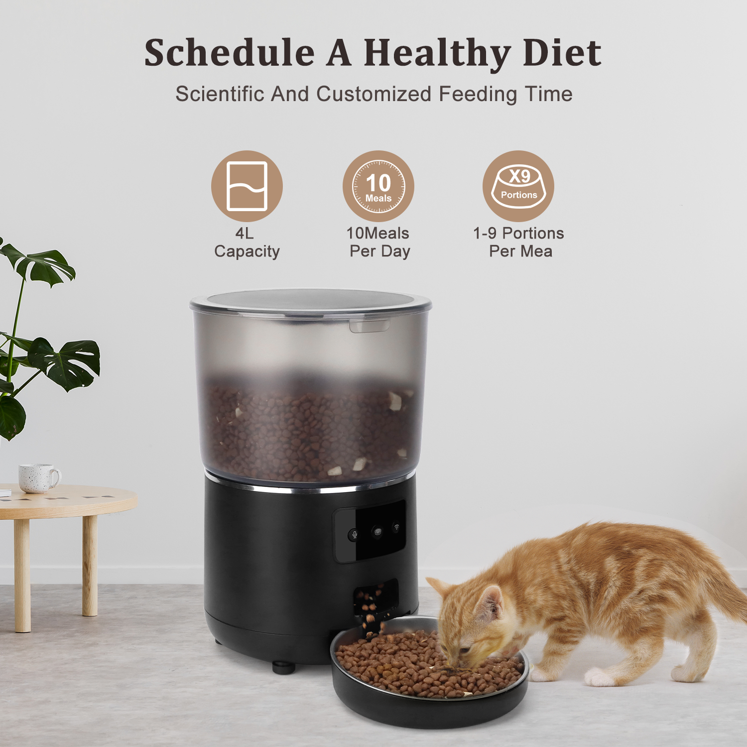 Cobectal Smart Automatic Pet Feeder: 4L capacity, schedules up to 10 meals daily with 1-9 portions each, enabling a scientific, customized healthy diet for your pets.