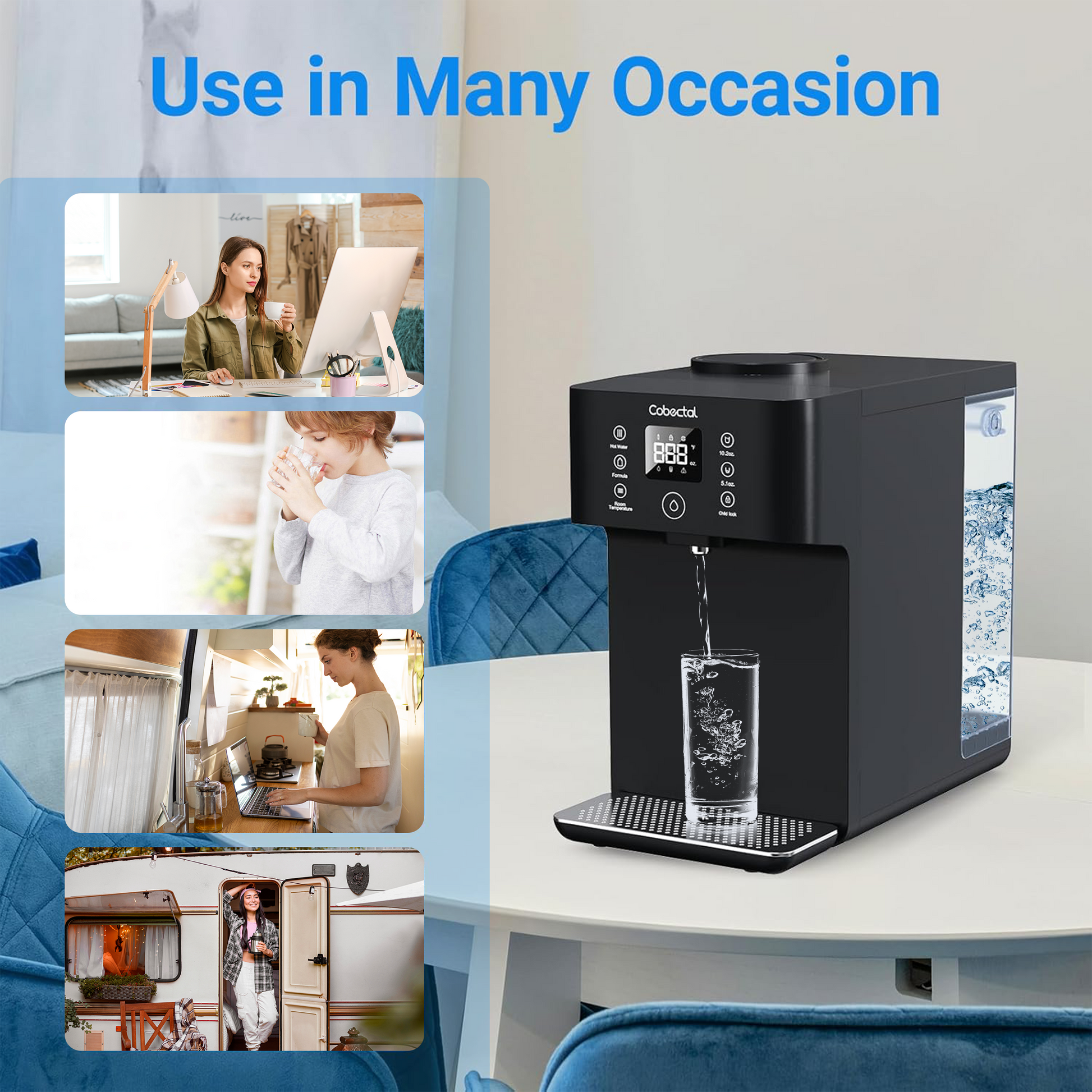 Cobectal water purifier: Versatile for home, office, RVs. Provides clean water across scenarios. 
